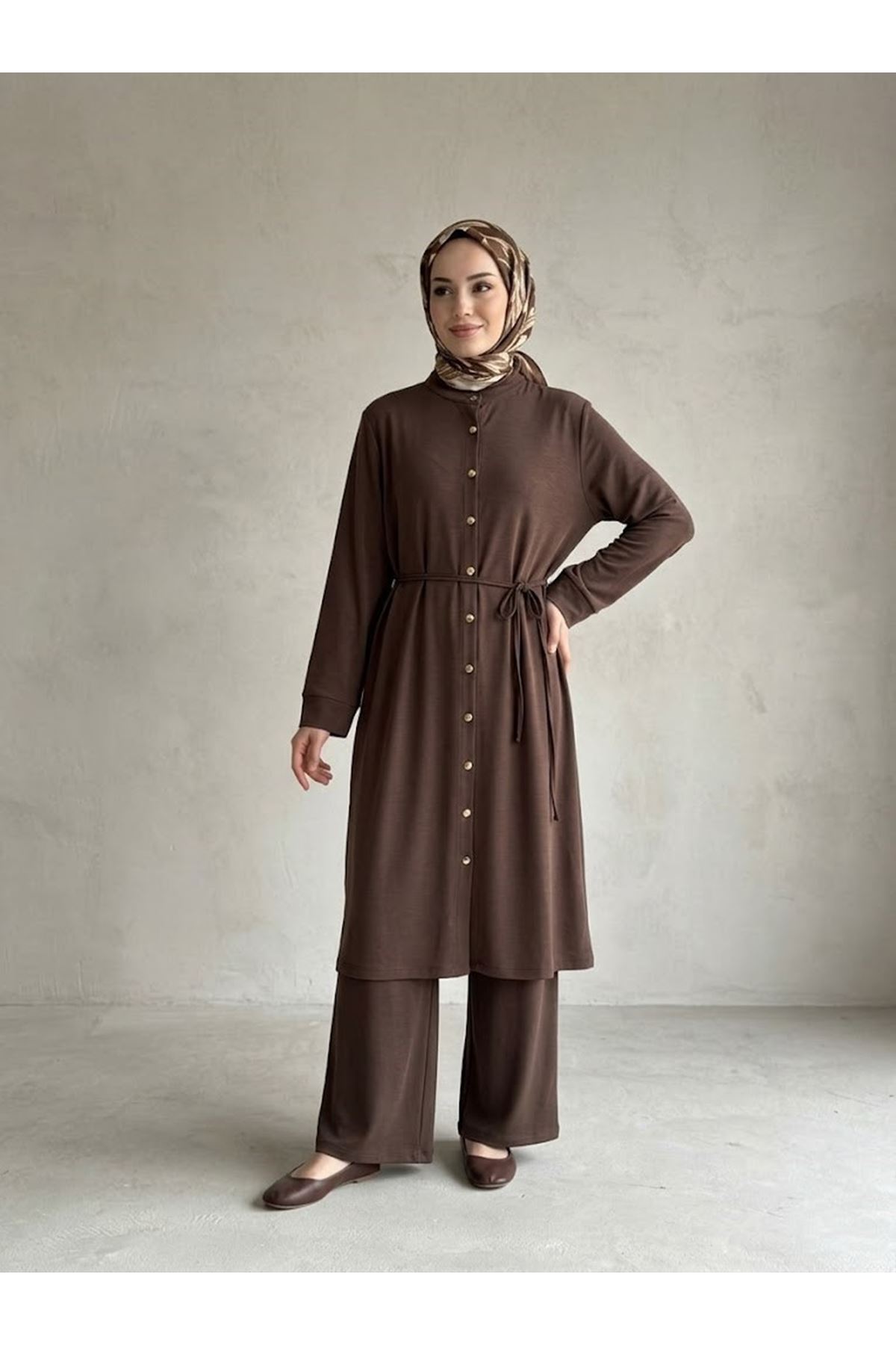 PİT00552-KHV Hakim Yaka Pantolonlu Pike Takım-Kahve