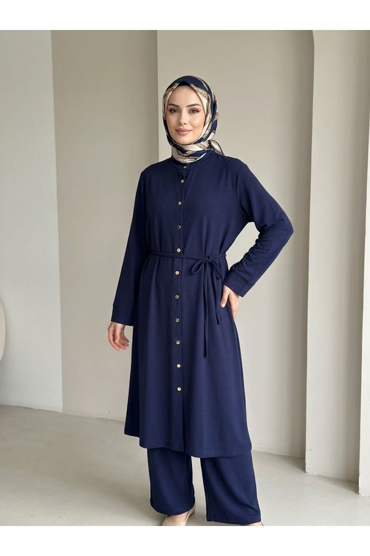 PİT00552-LCV Hakim Yaka Pantolonlu Pike Takım-Lacivert