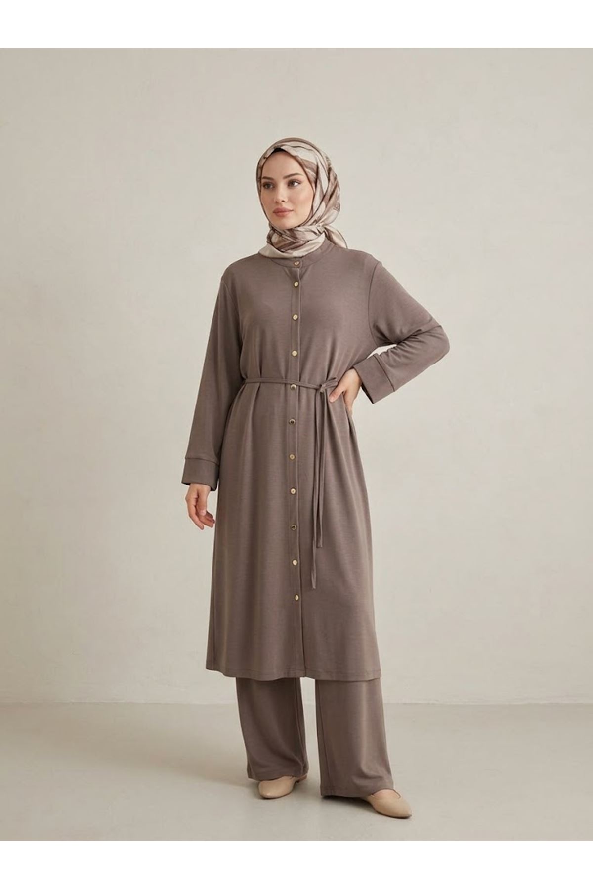 PİT00552-P102 Hakim Yaka Pantolonlu Pike Takım-Açık Kahve