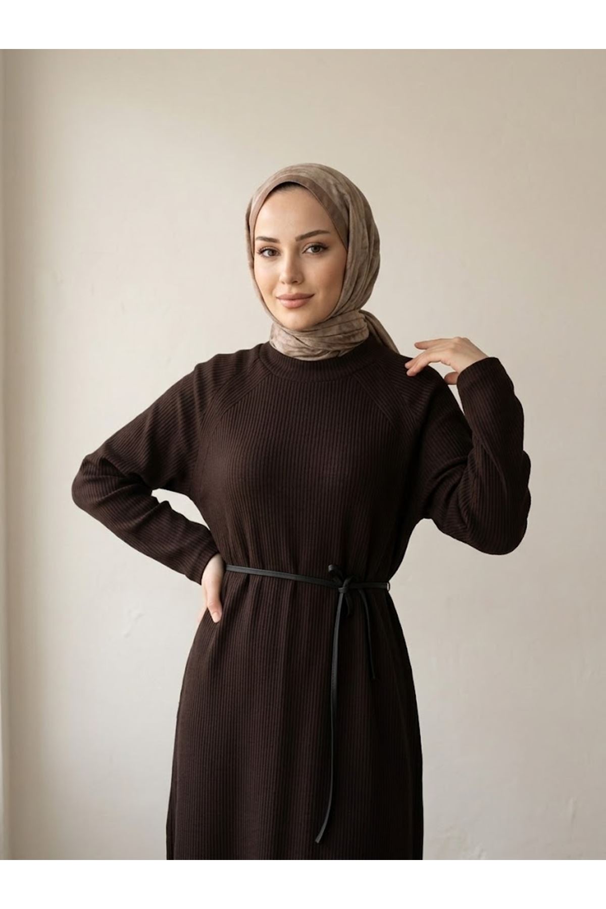 ELB04182-KHV Reglan Kol Triko Elbise-Kahve