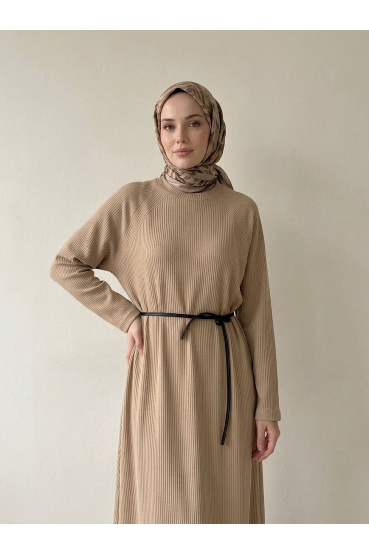 ELB04182-VİZ Reglan Kol Triko Elbise-Vizon
