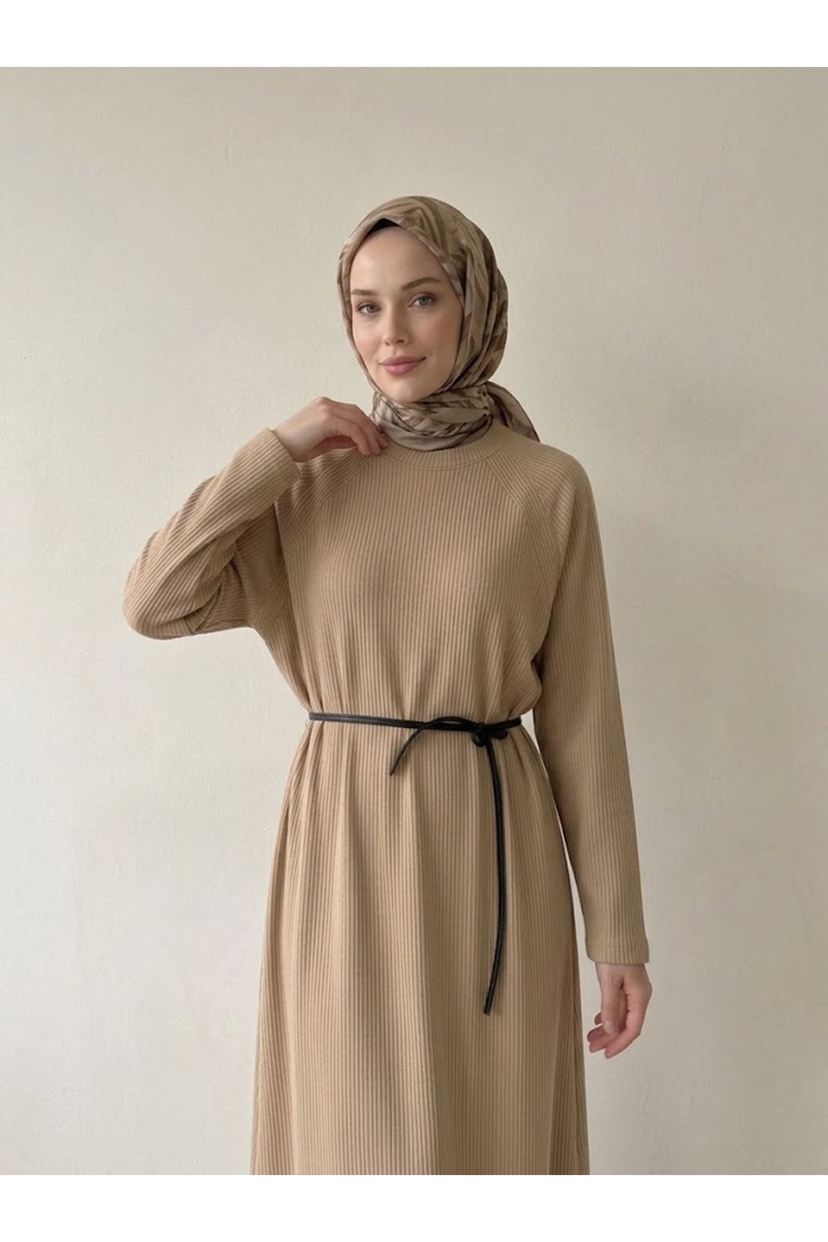 ELB04182-VİZ Reglan Kol Triko Elbise-Vizon