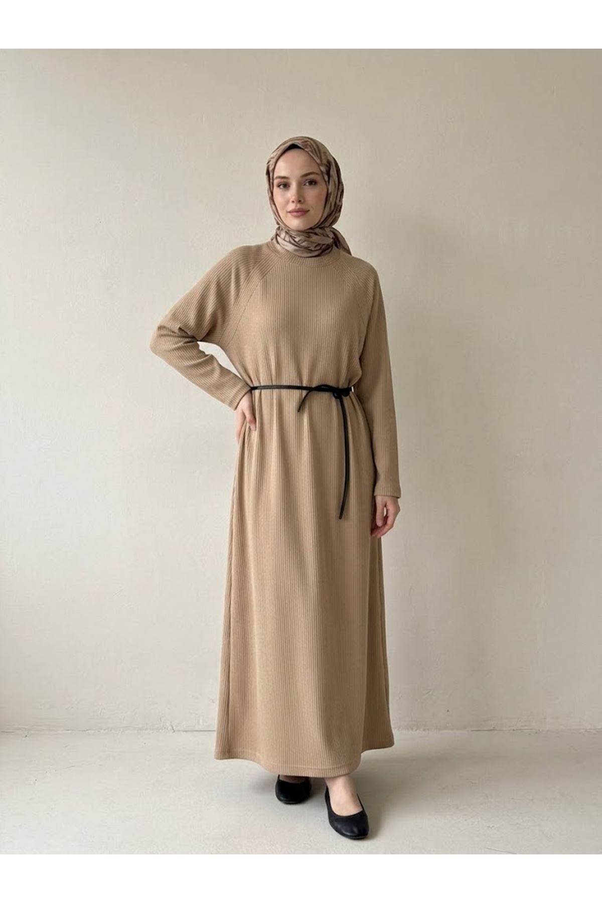 ELB04182-VİZ Reglan Kol Triko Elbise-Vizon