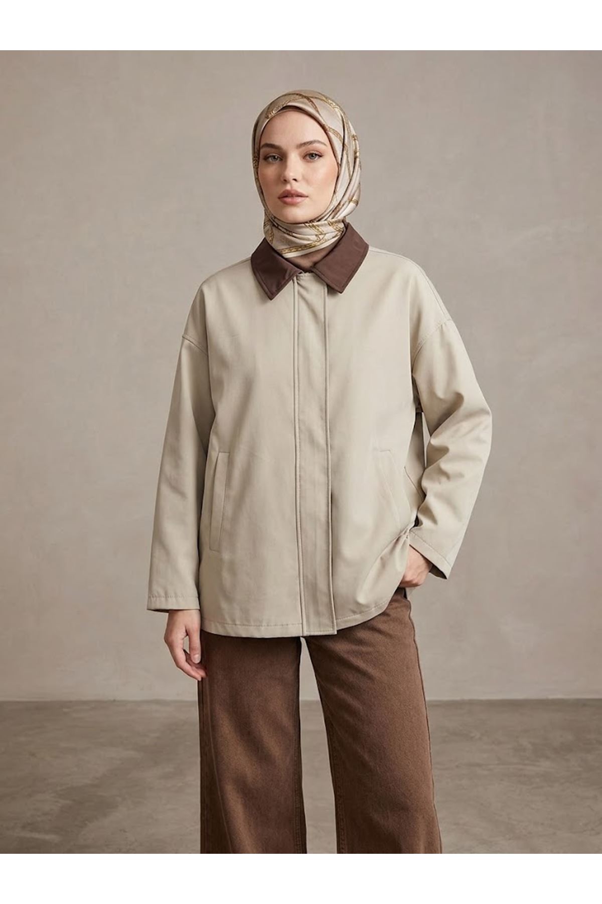 TRÇ00149-TAŞ Düşük Kol Flotalı Fermuarlı  Trençkot-Taş
