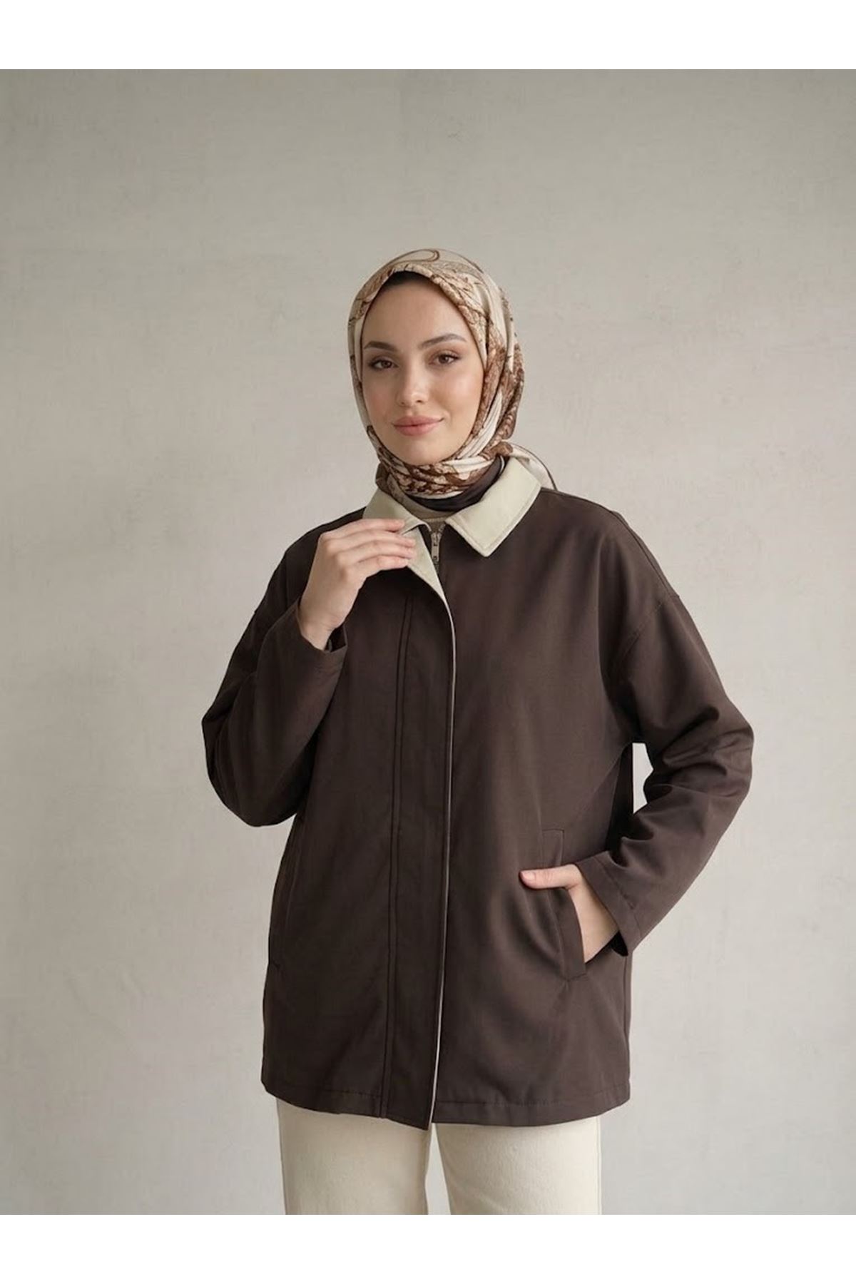 TRÇ00149-KHV Düşük Kol Flotalı Fermuarlı  Trençkot-Kahve
