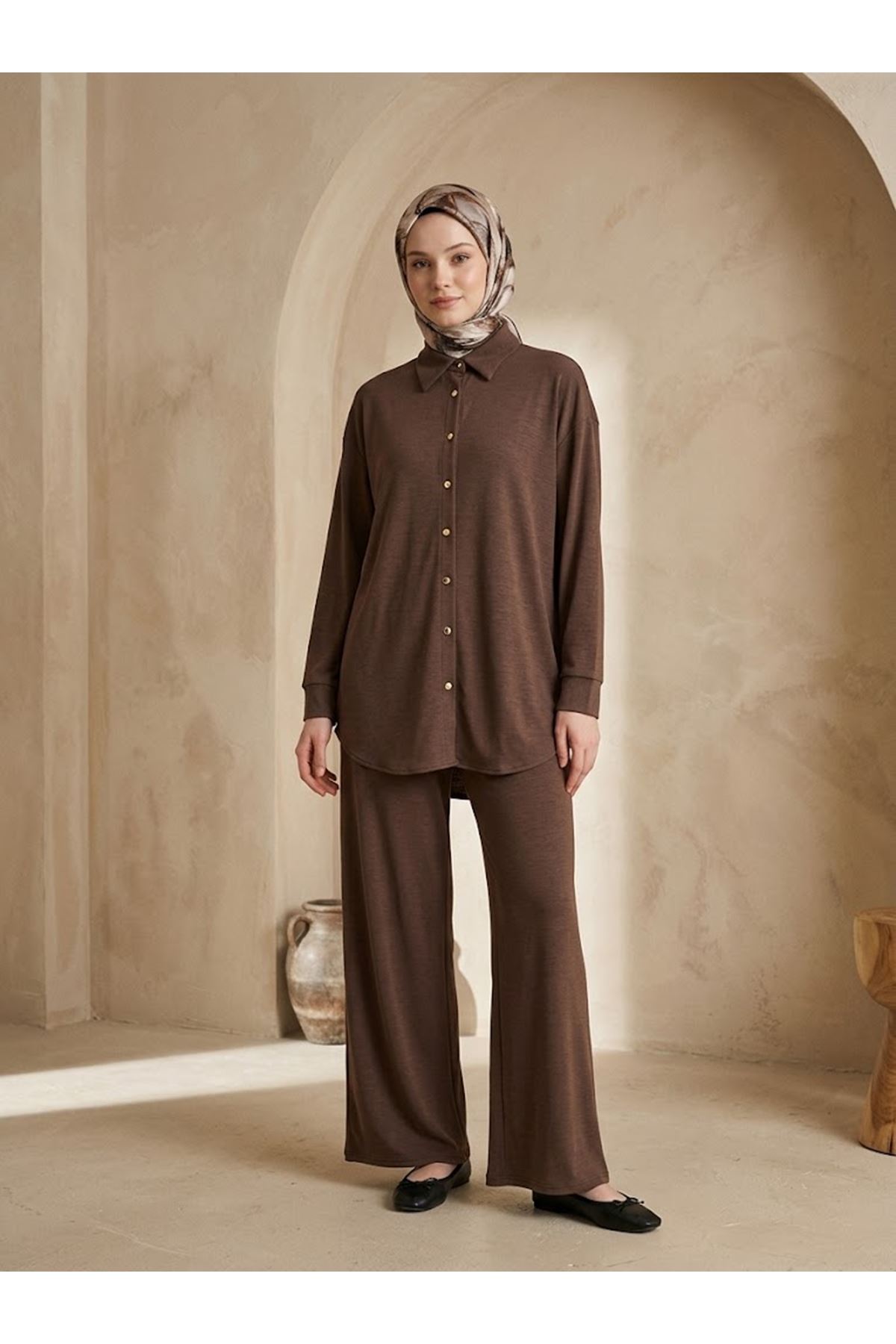 PİT00553-KHV Yakalı Patlı Pike Pantolonlu Takım-Kahve