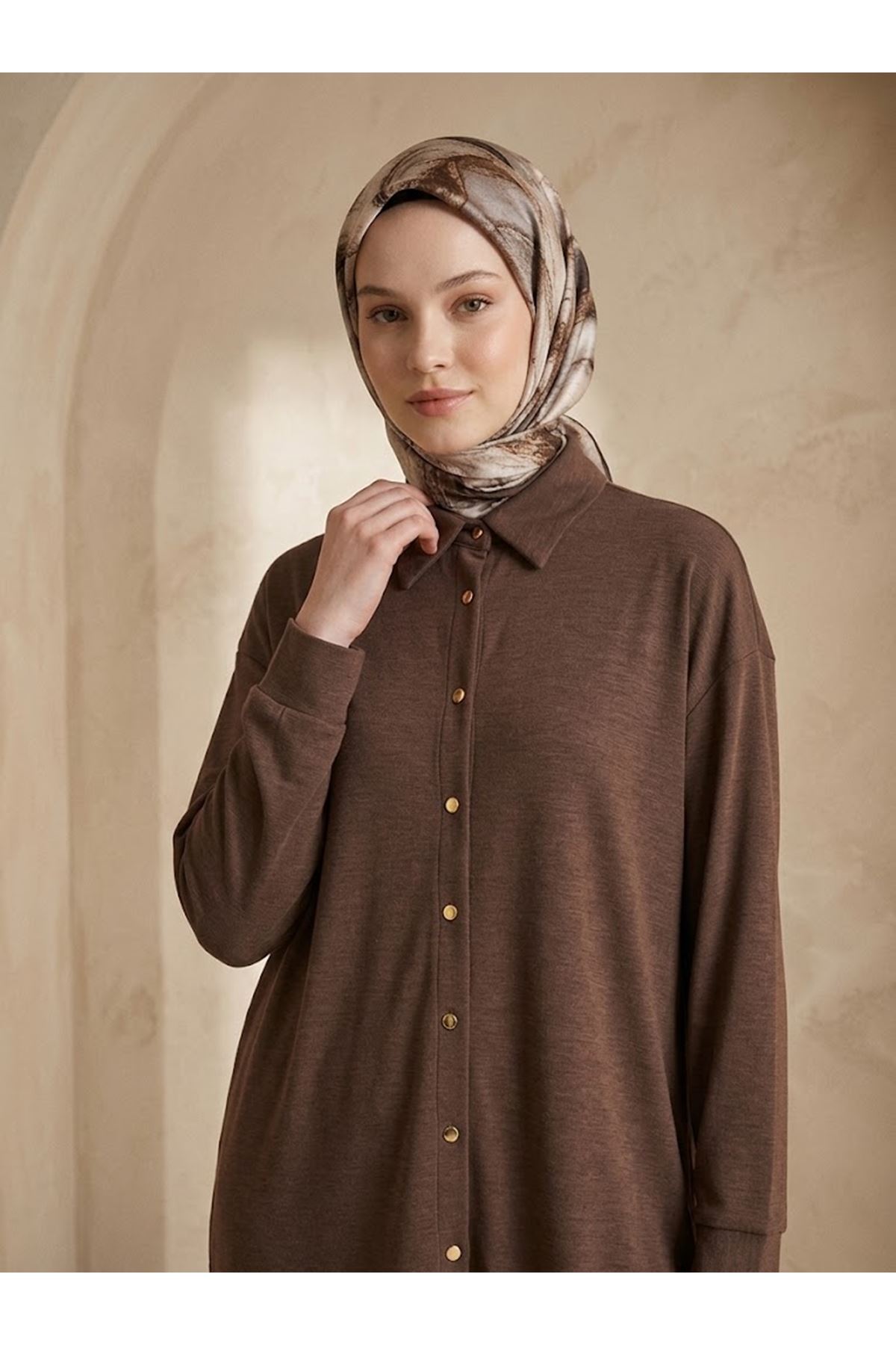 PİT00553-KHV Yakalı Patlı Pike Pantolonlu Takım-Kahve