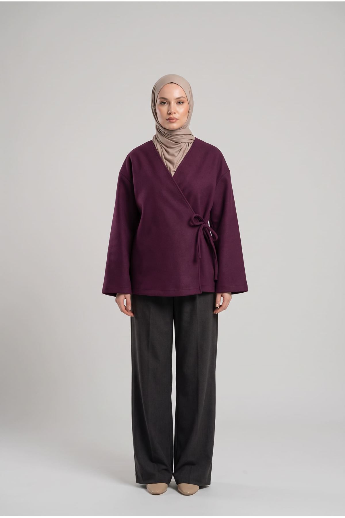 CKT01799-BRD Yan Bağlamalı Kaşe Ceket-Bordo