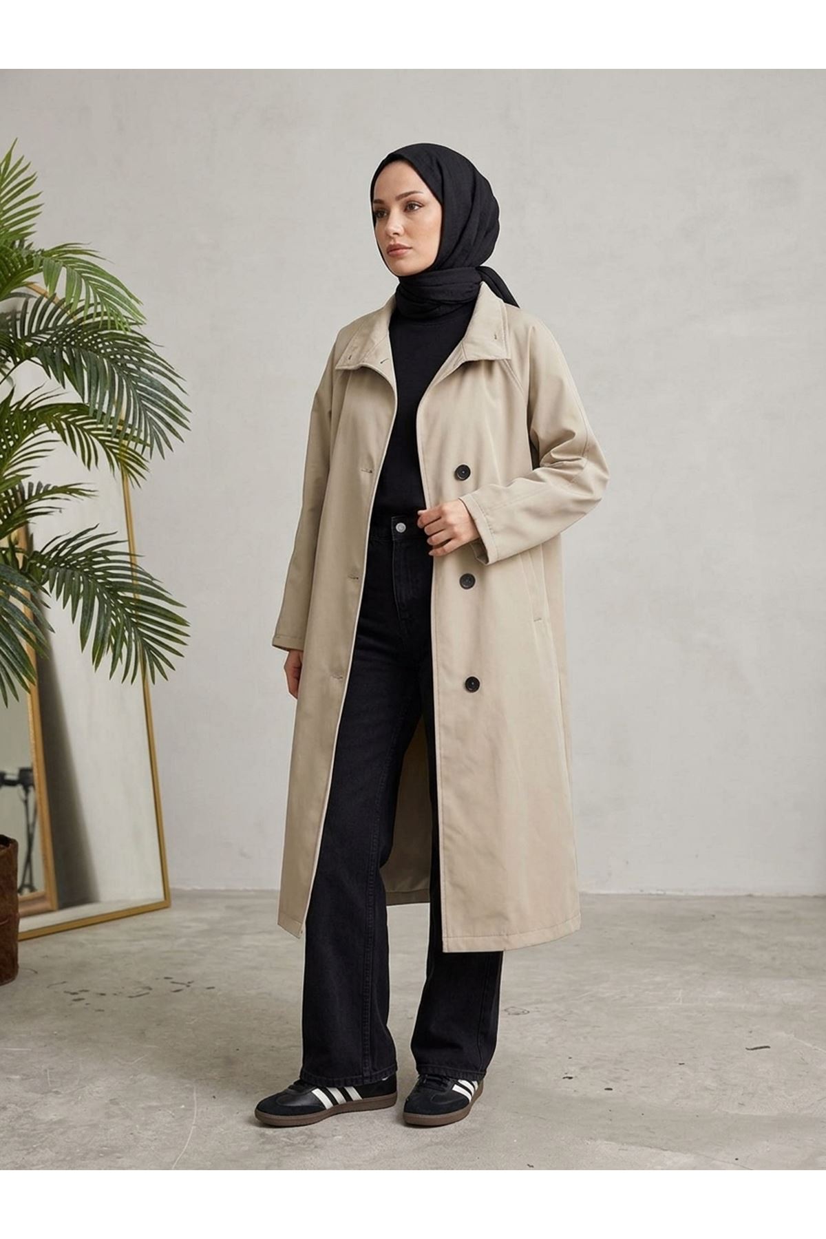 TRÇ00150-TAŞ Reglan Kol Flota Cep Uzun Trençkot-Taş