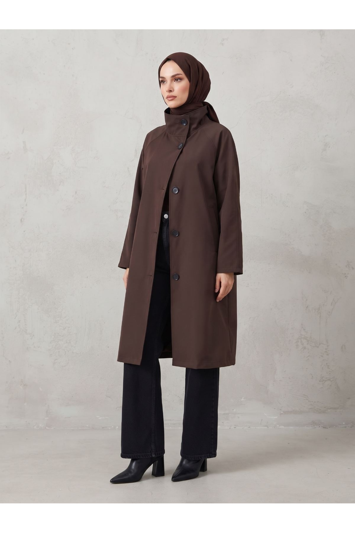 TRÇ00150-KHV Reglan Kol Flota Cep Uzun Trençkot-Kahve
