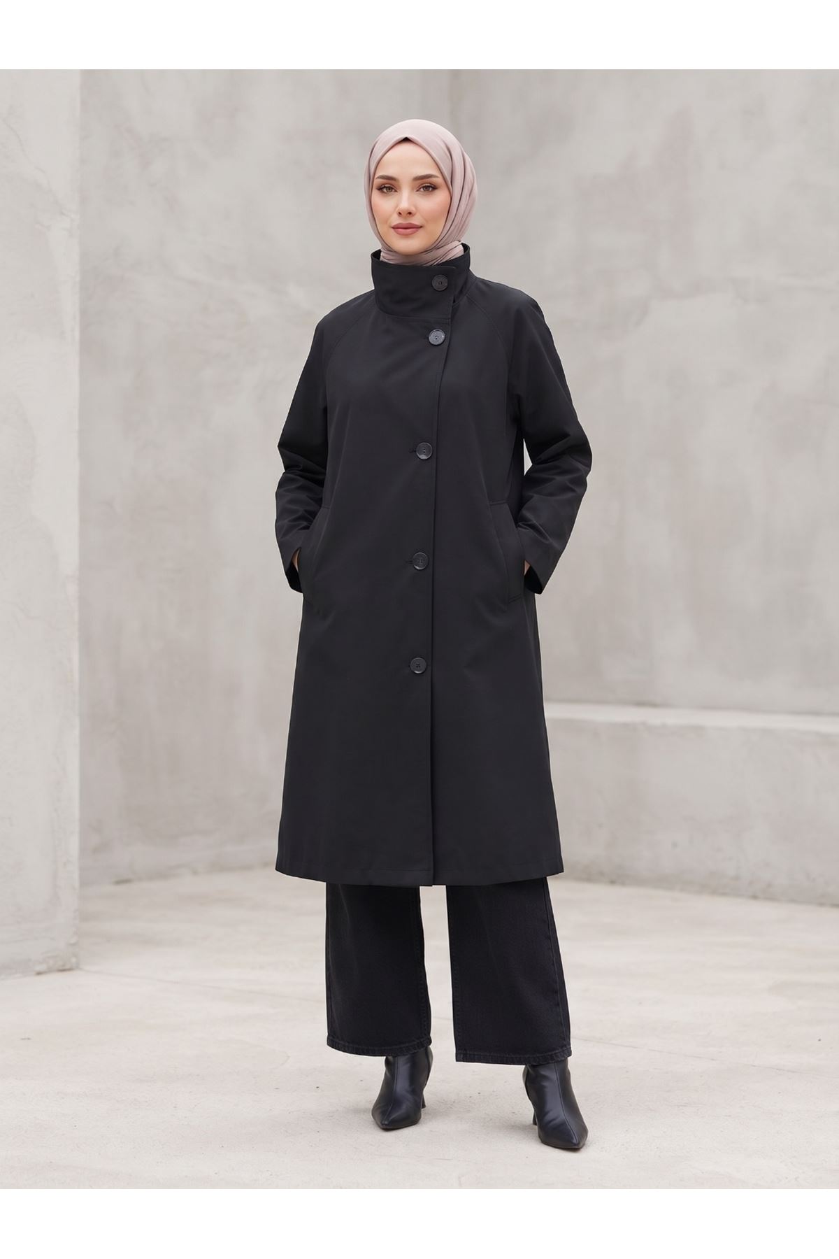 TRÇ00150-SYH Reglan Kol Flota Cep Uzun Trençkot-Siyah