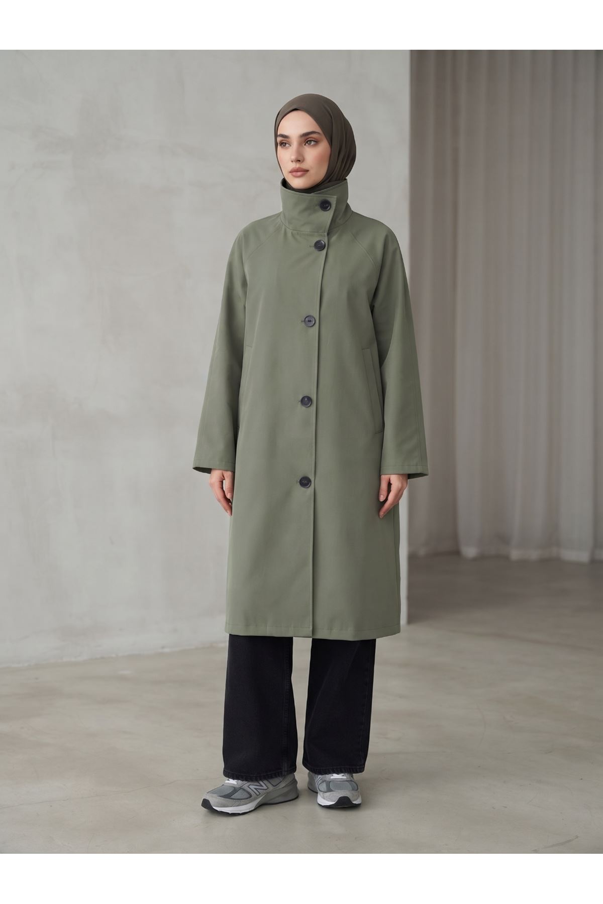 TRÇ00150-HKİ Reglan Kol Flota Cep Uzun Trençkot-Haki