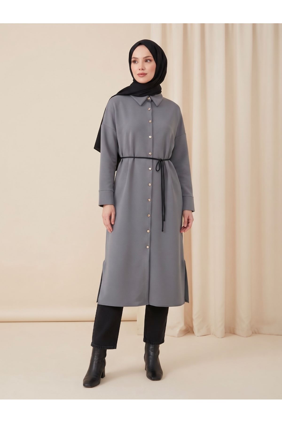 ELB04186-GRN Yakalı Patlı Oysh Elbise-Gri