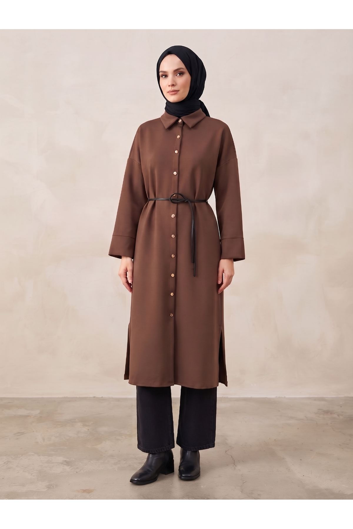 ELB04186-KHV Yakalı Patlı Oysh Elbise-Kahve