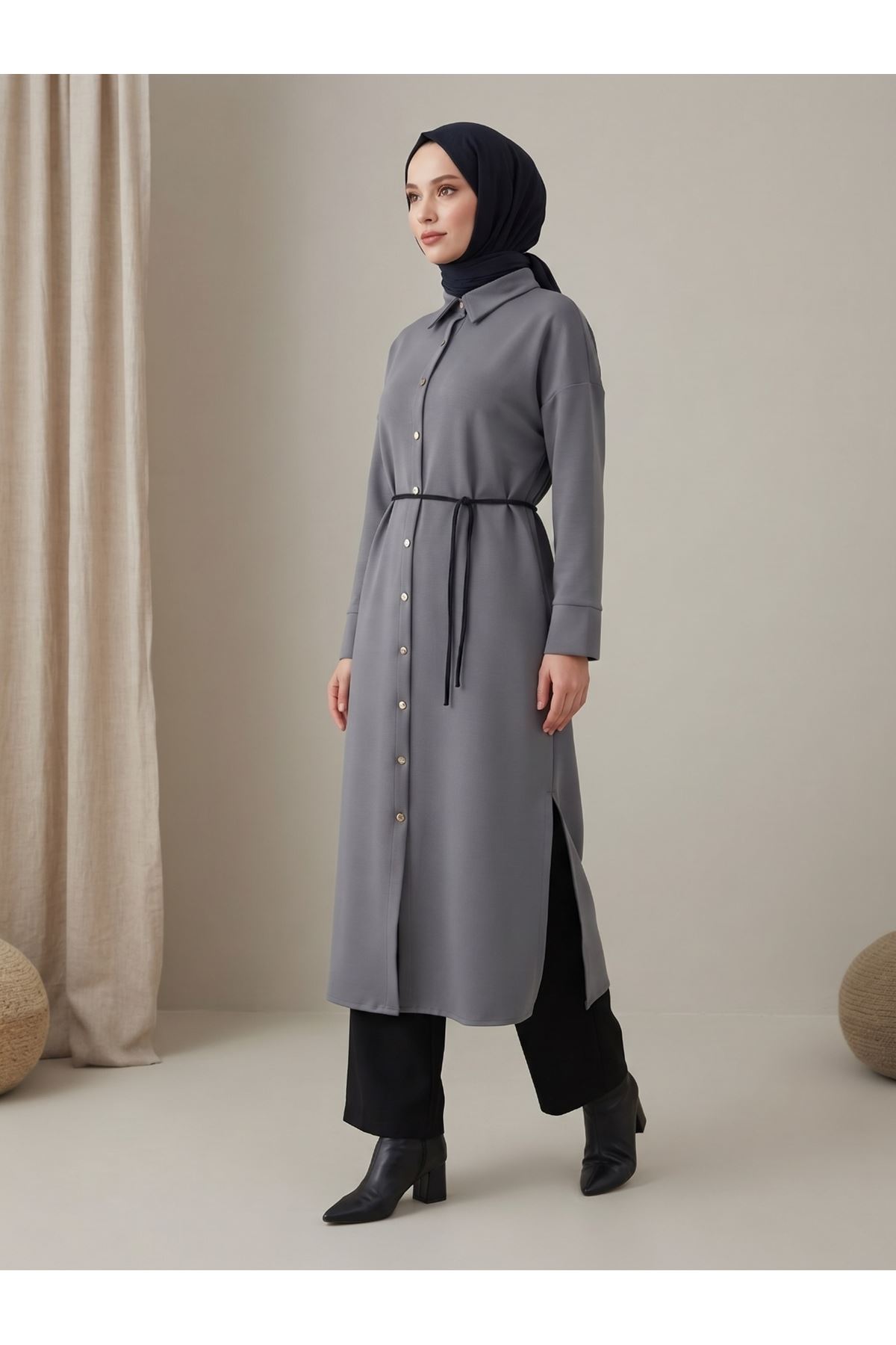 ELB04186-GRN Yakalı Patlı Oysh Elbise-Gri