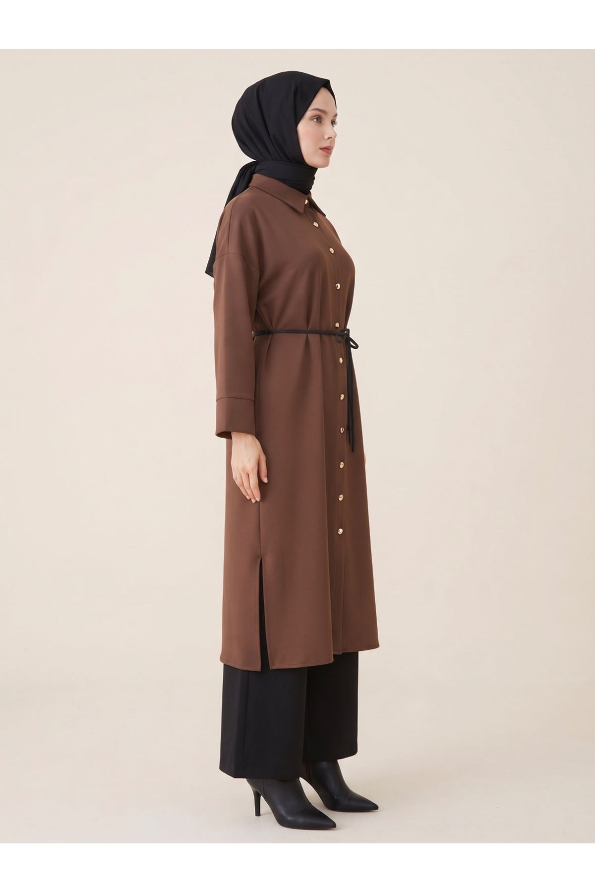 ELB04186-KHV Yakalı Patlı Oysh Elbise-Kahve