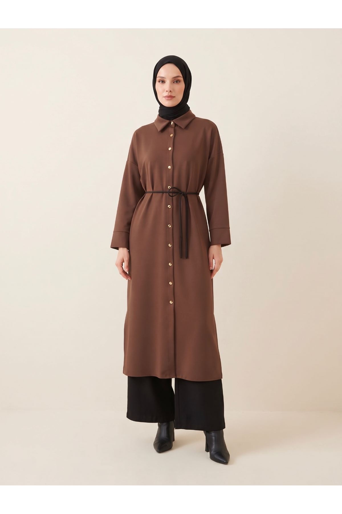 ELB04186-KHV Yakalı Patlı Oysh Elbise-Kahve