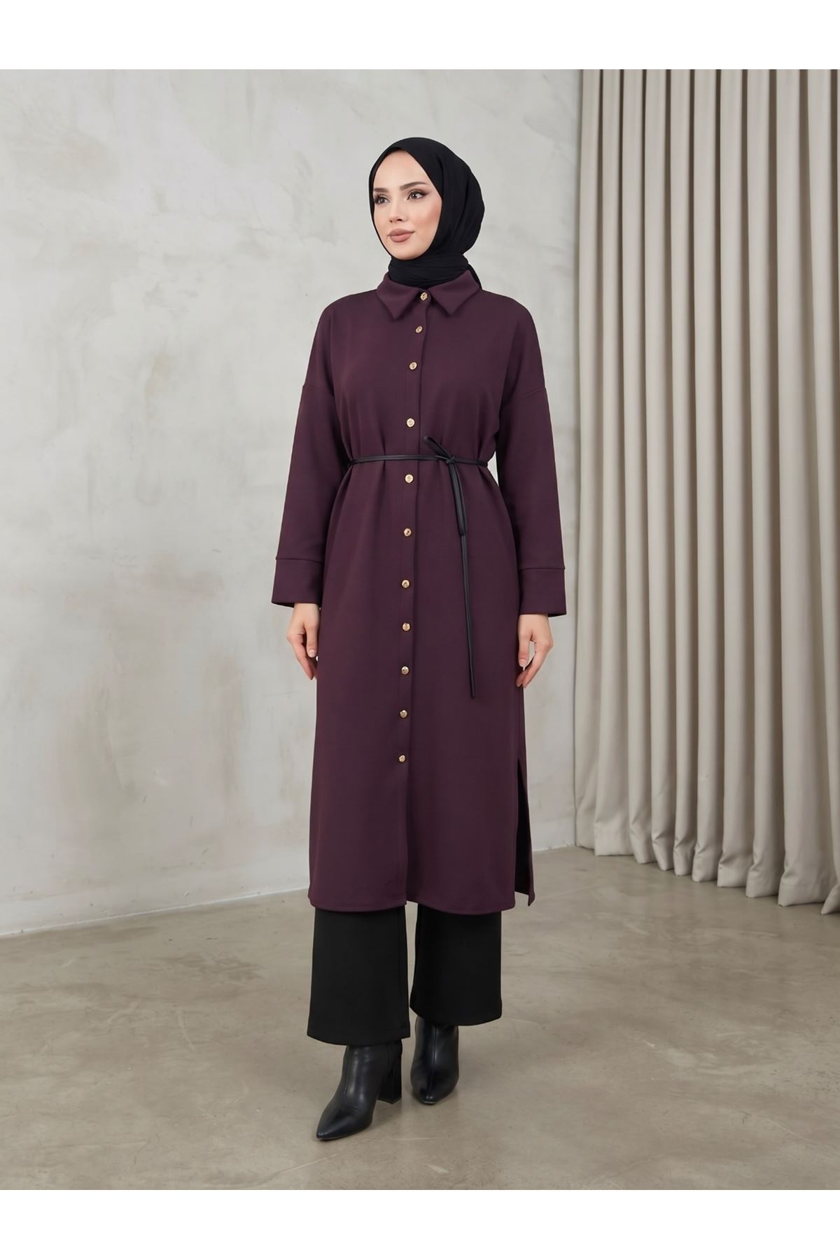 ELB04186-BRD Yakalı Patlı Oysh Elbise-Bordo