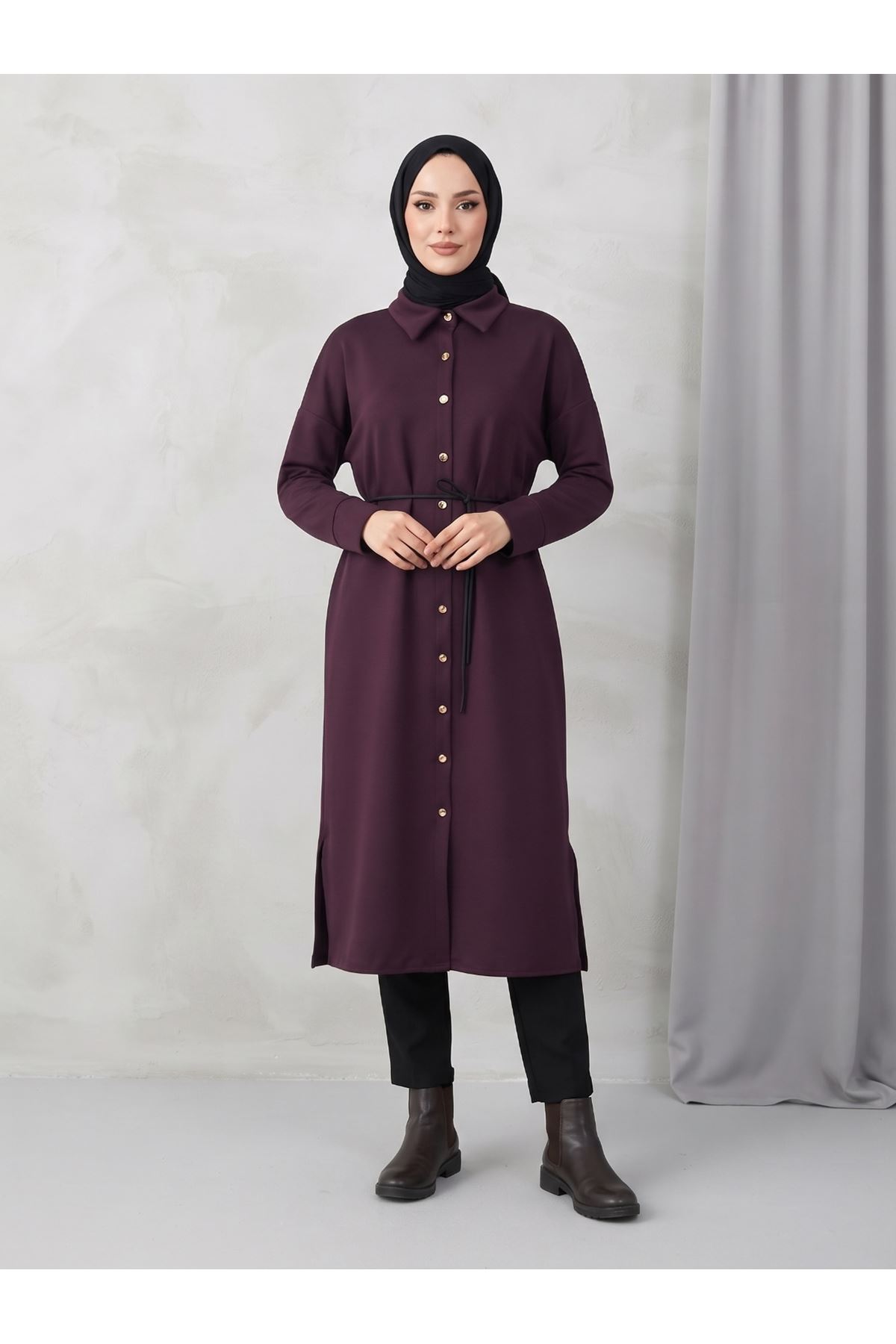 ELB04186-BRD Yakalı Patlı Oysh Elbise-Bordo