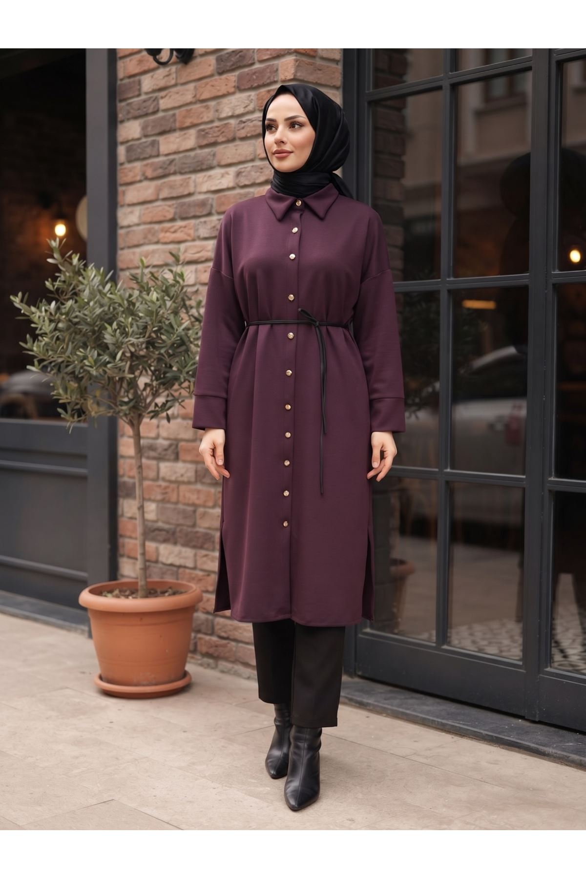 ELB04186-BRD Yakalı Patlı Oysh Elbise-Bordo