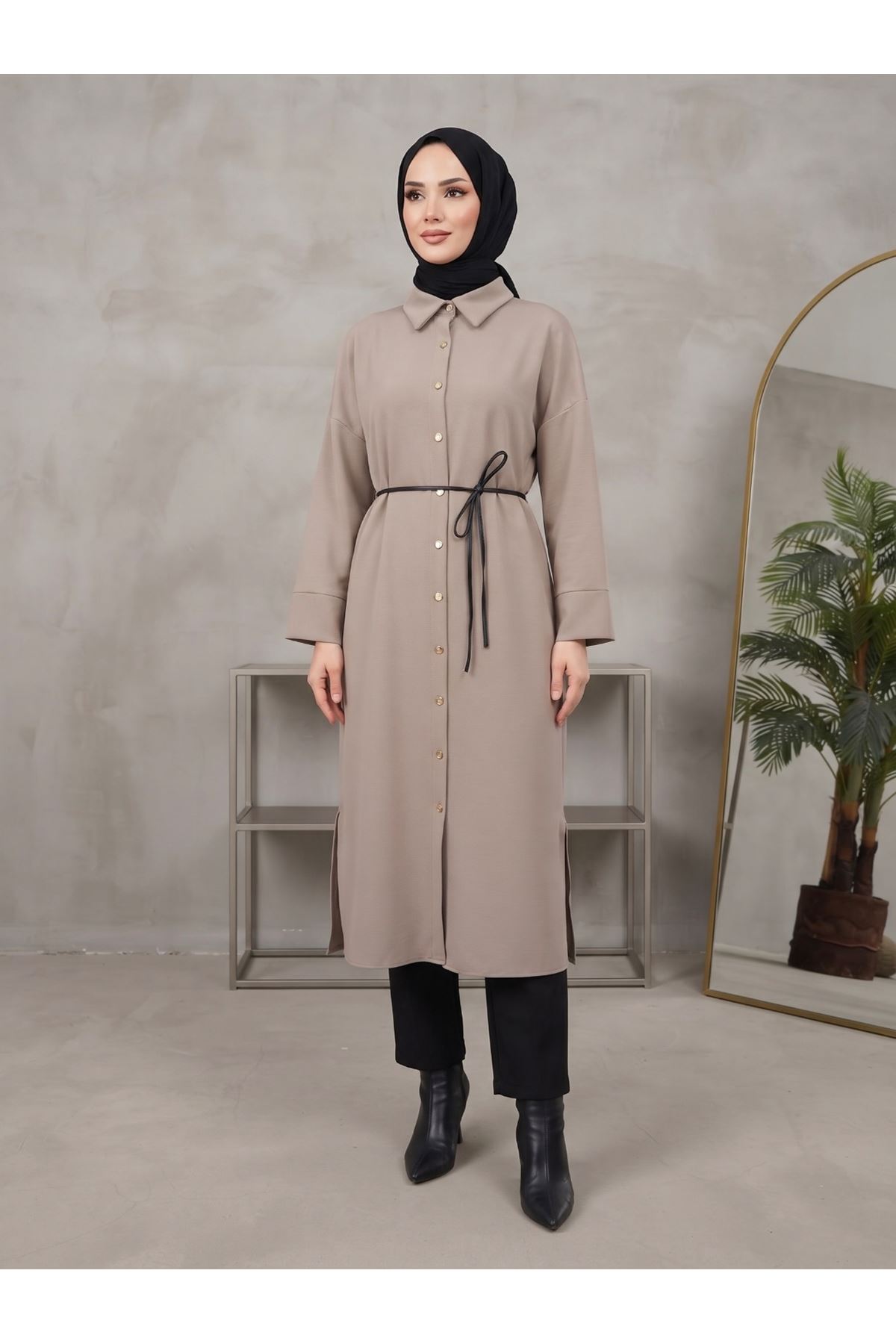ELB04186-VİZ Yakalı Patlı Oysh Elbise-Vizon