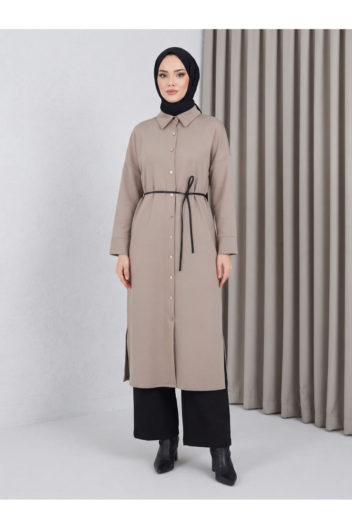 ELB04186-VİZ Yakalı Patlı Oysh Elbise-Vizon