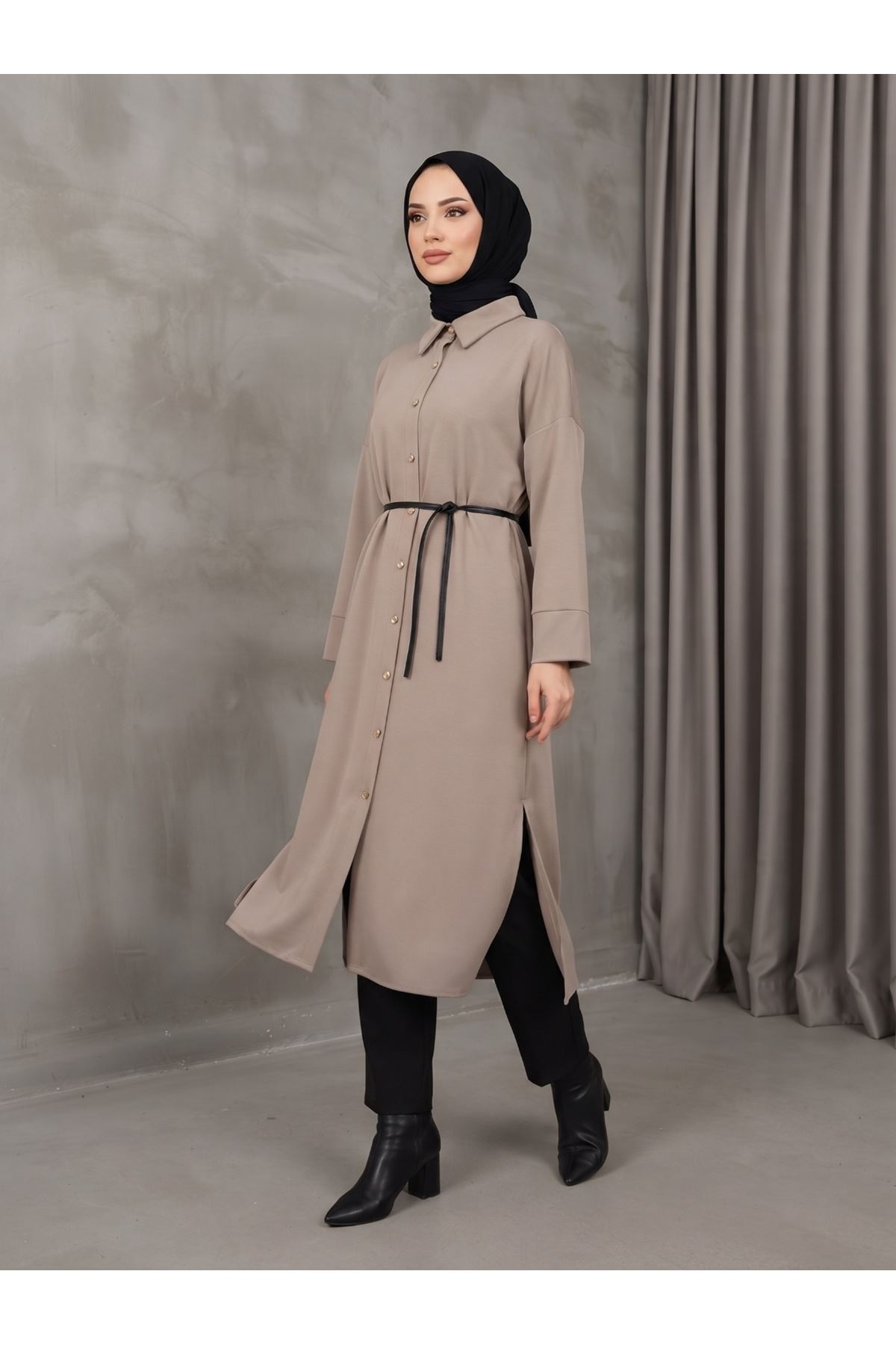 ELB04186-VİZ Yakalı Patlı Oysh Elbise-Vizon