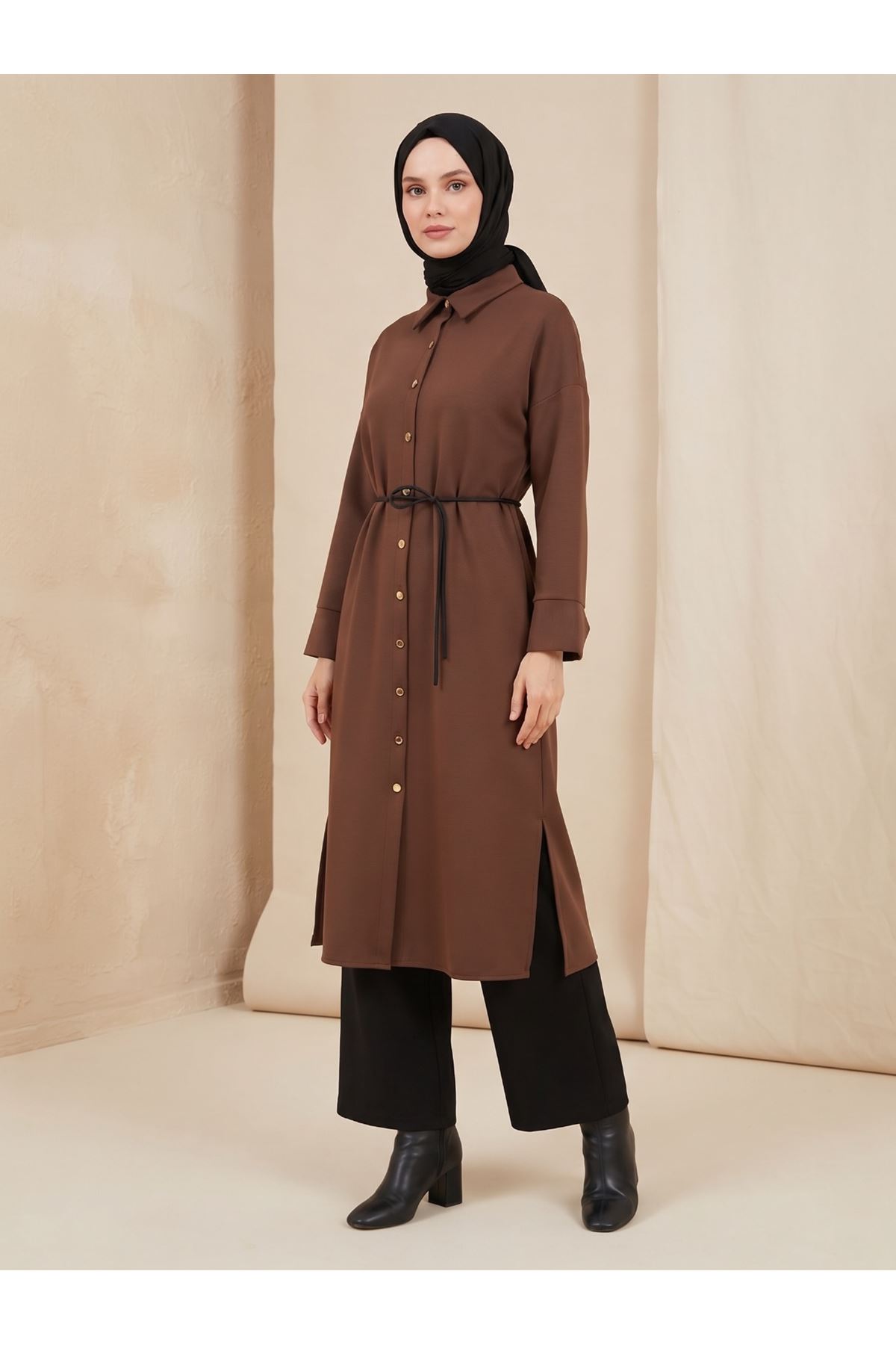 ELB04186-KHV Yakalı Patlı Oysh Elbise-Kahve