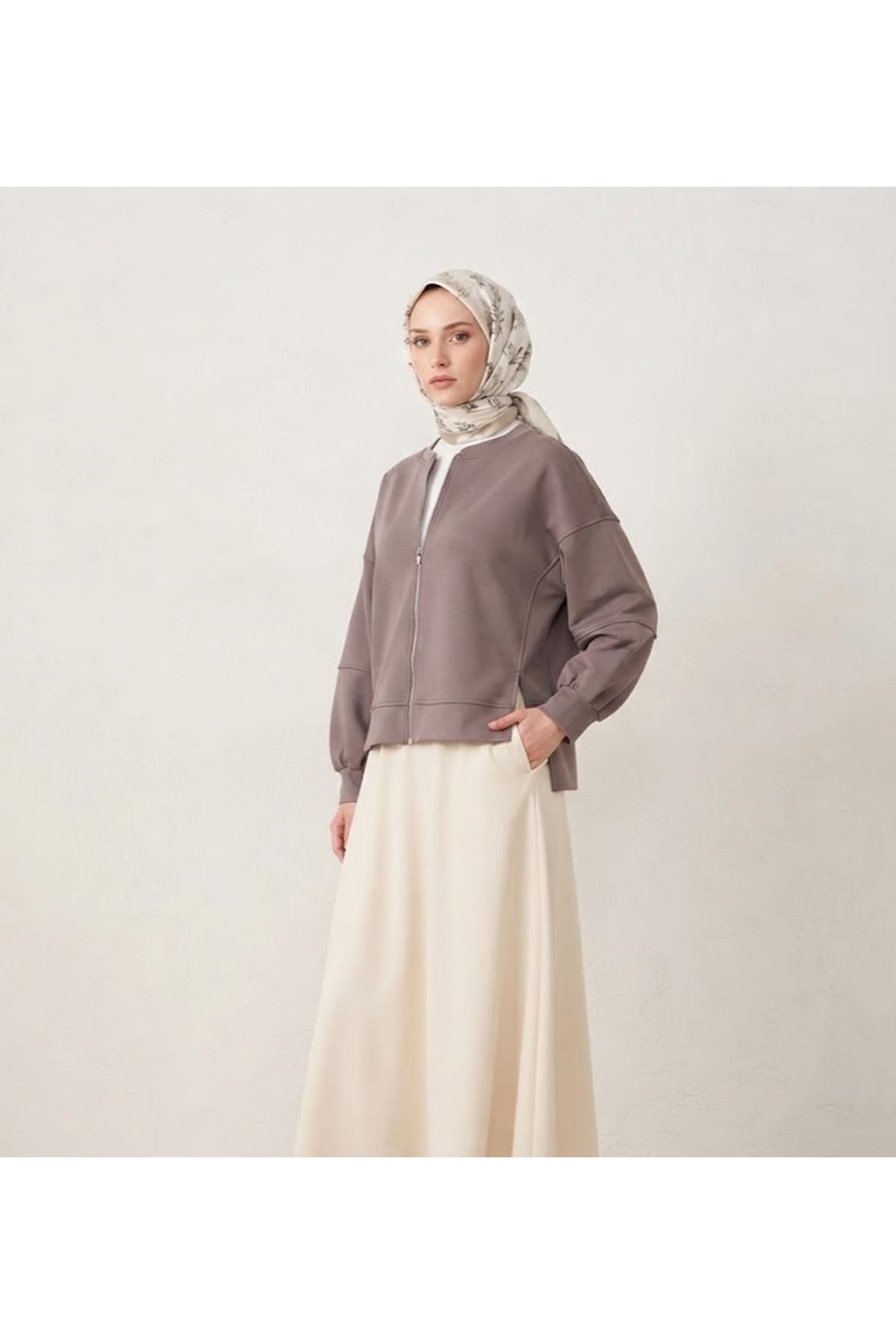 TUN06016-P102 Fermuarlı Ön Parçalı Manşetli Tunik-Açık Kahve