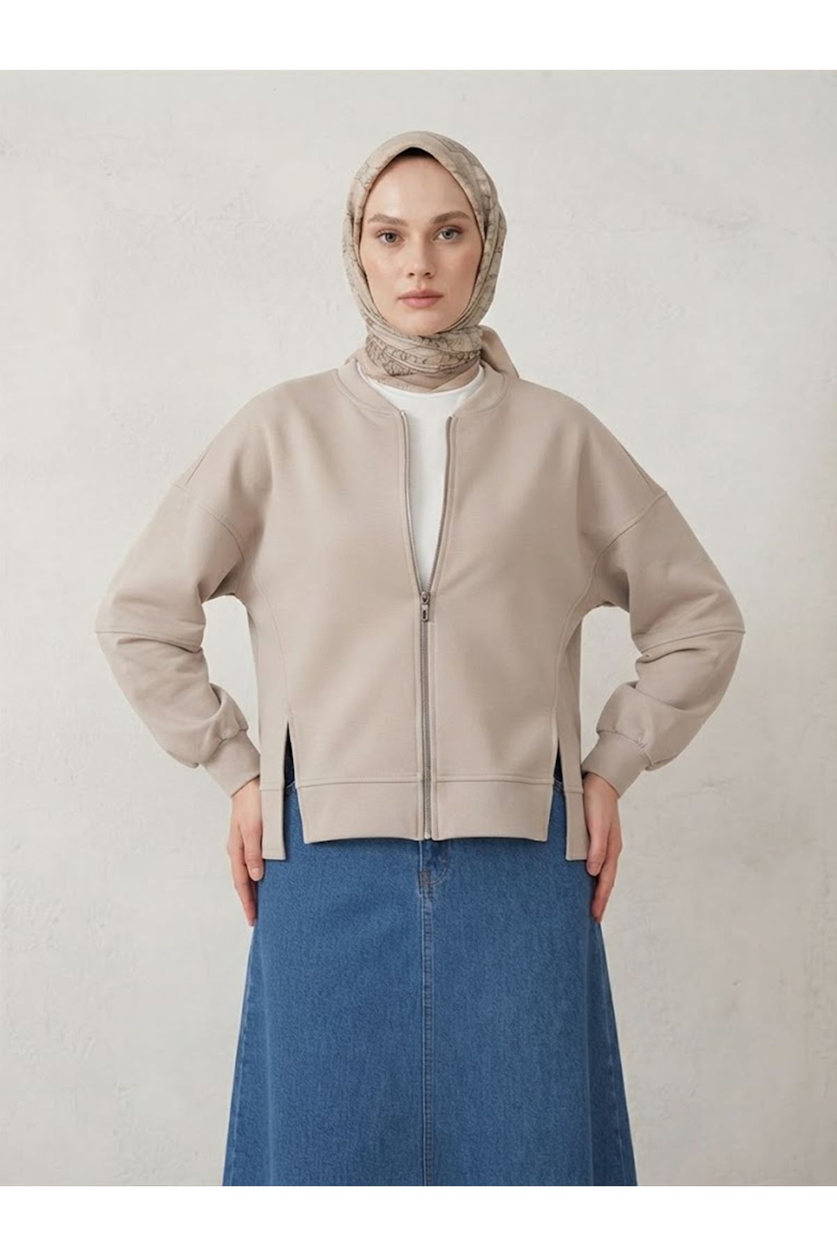 TUN06016-BEJ Fermuarlı Ön Parçalı Manşetli Tunik-Bej