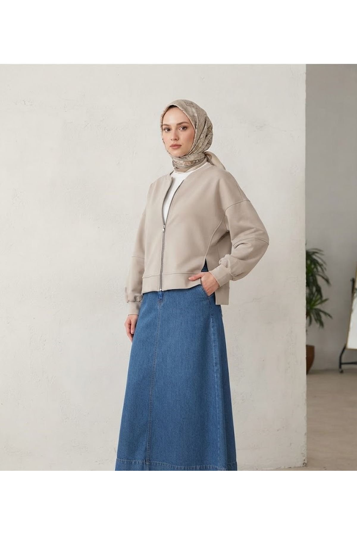 TUN06016-BEJ Fermuarlı Ön Parçalı Manşetli Tunik-Bej