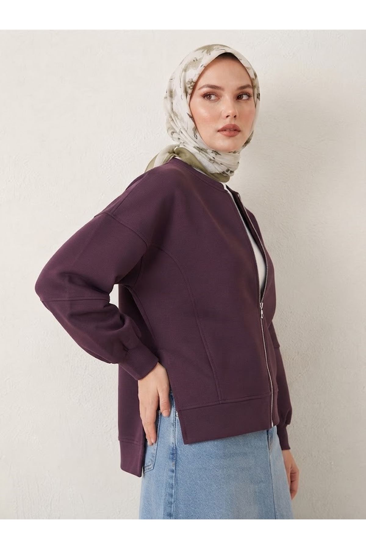 TUN06016-BRD Fermuarlı Ön Parçalı Manşetli Tunik-Bordo