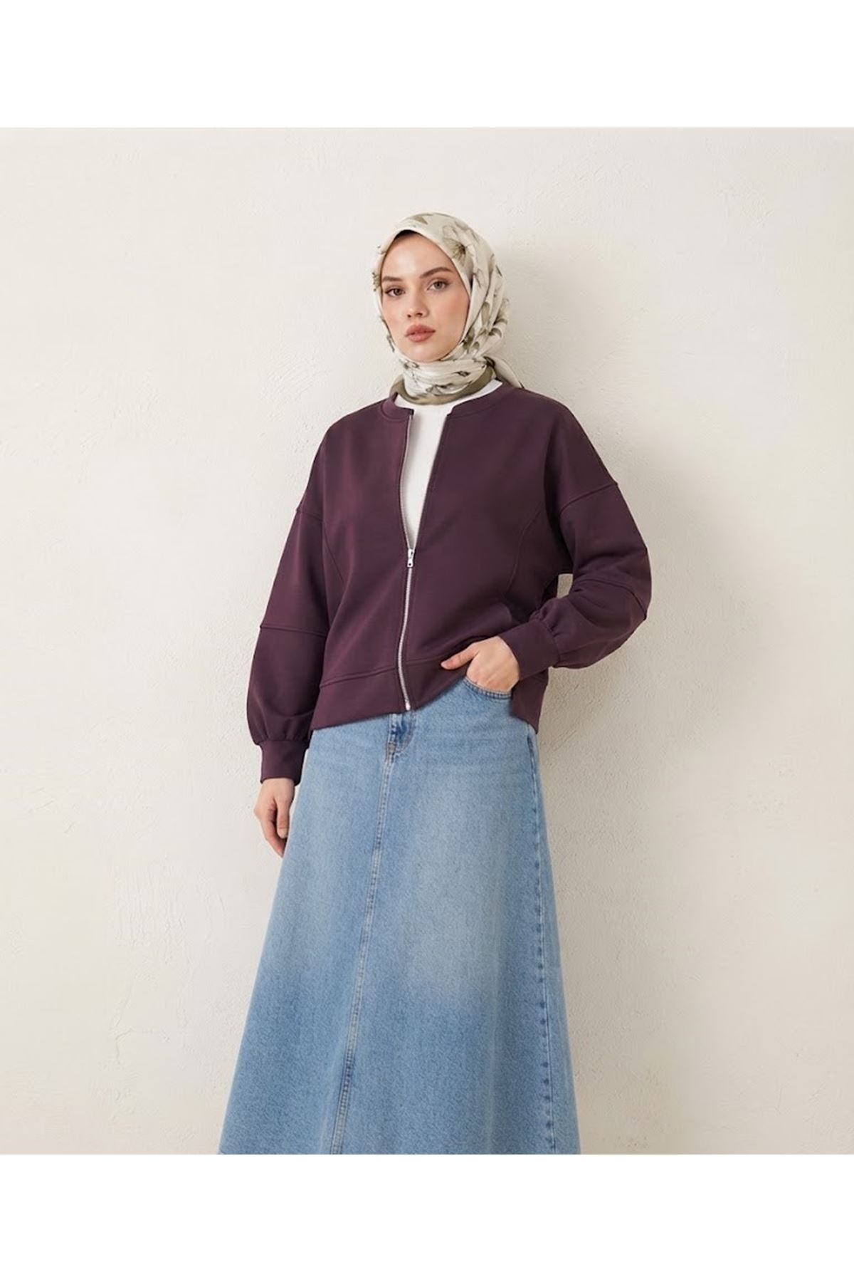 TUN06016-BRD Fermuarlı Ön Parçalı Manşetli Tunik-Bordo