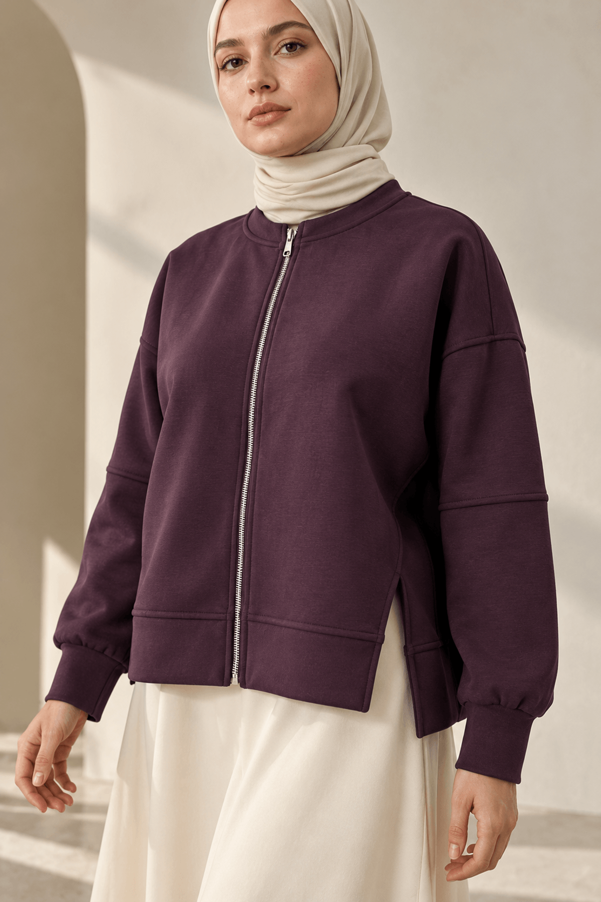 TUN06016-BRD Fermuarlı Ön Parçalı Manşetli Tunik-Bordo