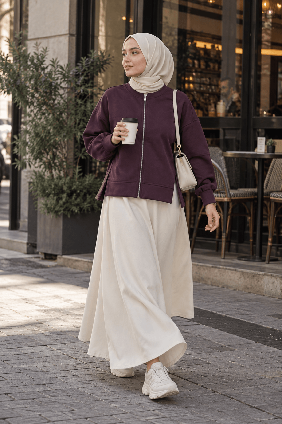 TUN06016-BRD Fermuarlı Ön Parçalı Manşetli Tunik-Bordo