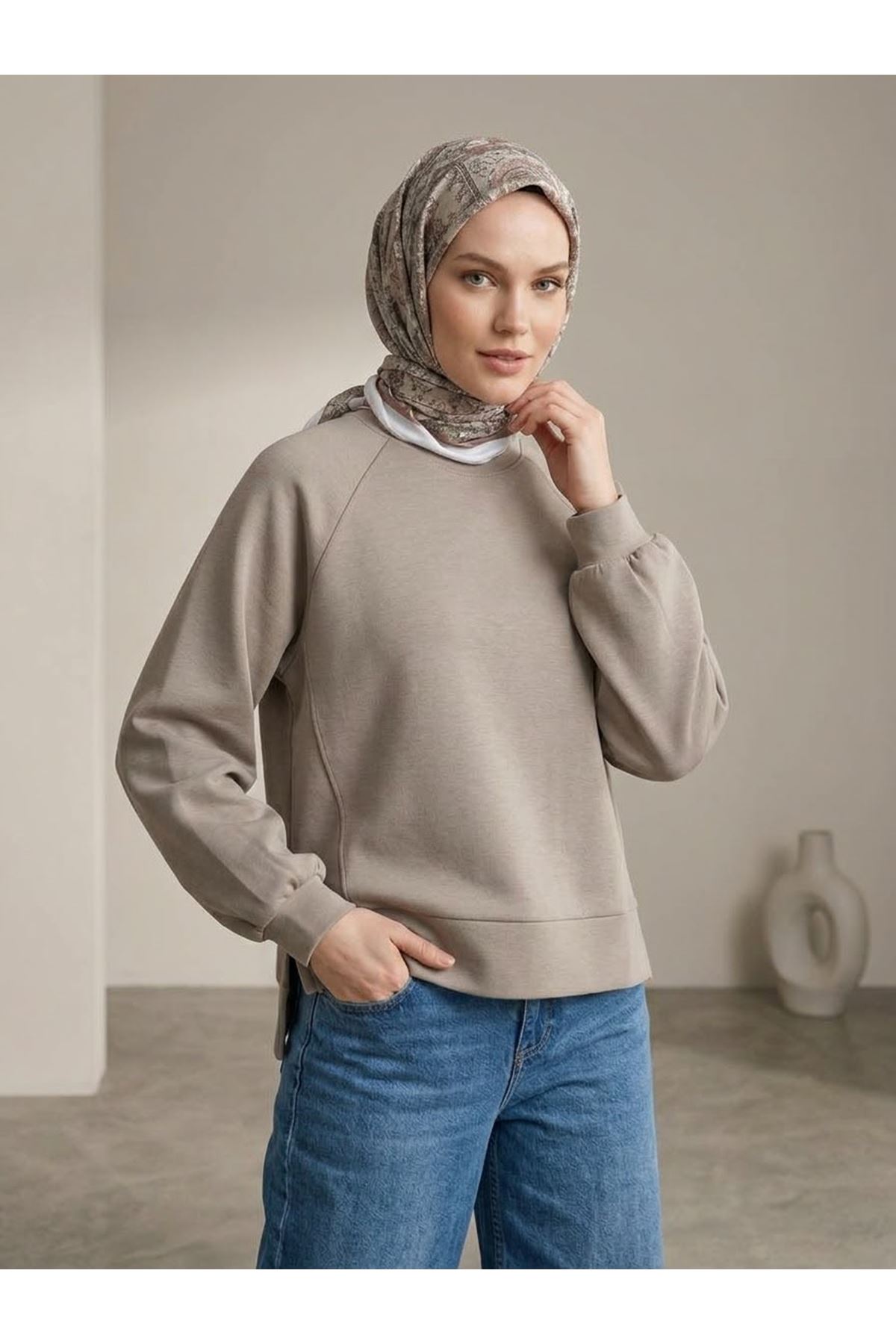 TUN06014-BEJ Parçalı Oysh Tunik-Bej