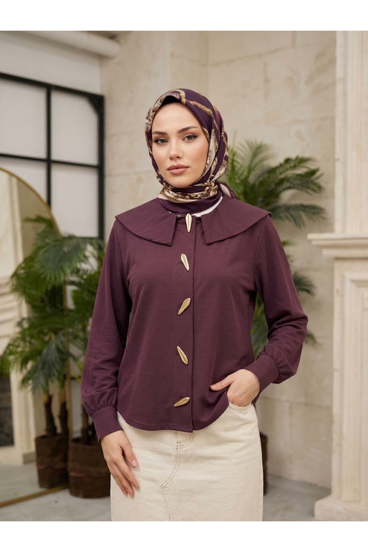 TUN06017-BRD Şal Yaka Patlı Tunik-Bordo