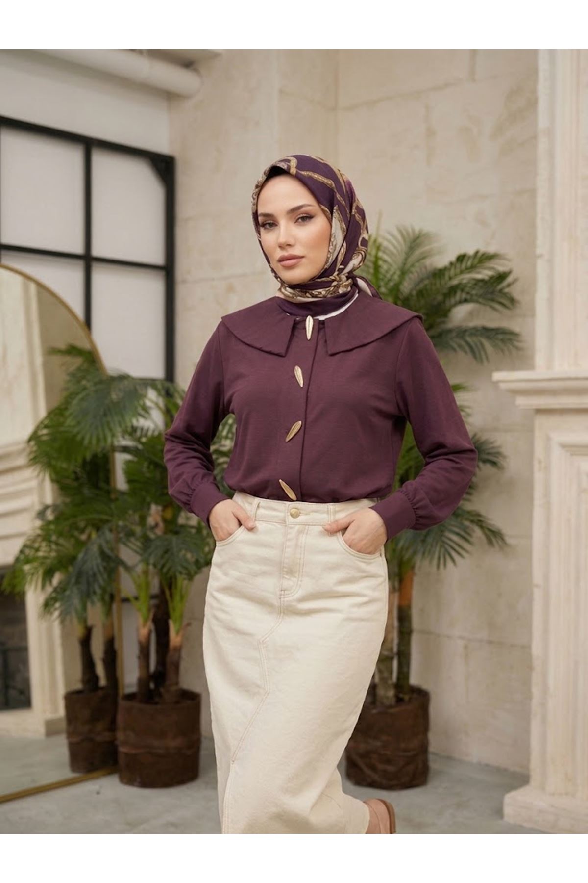 TUN06017-BRD Şal Yaka Patlı Tunik-Bordo