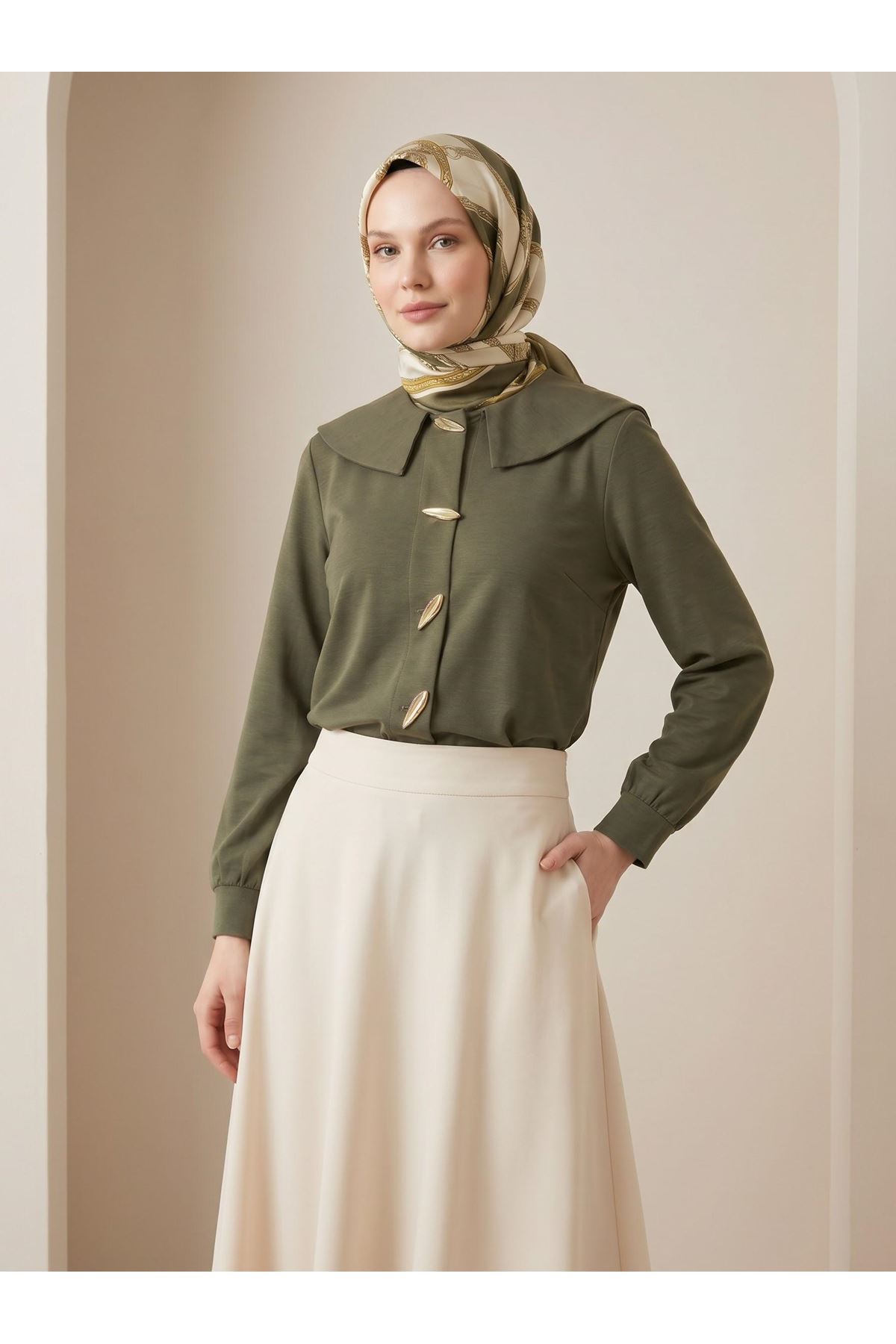 TUN06017-HKİ Şal Yaka Patlı Tunik-Haki