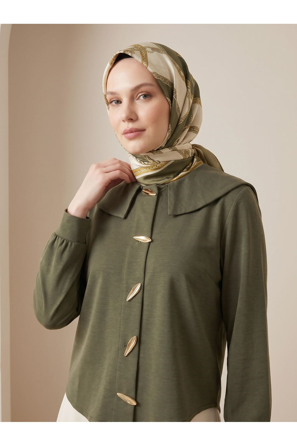 TUN06017-HKİ Şal Yaka Patlı Tunik-Haki