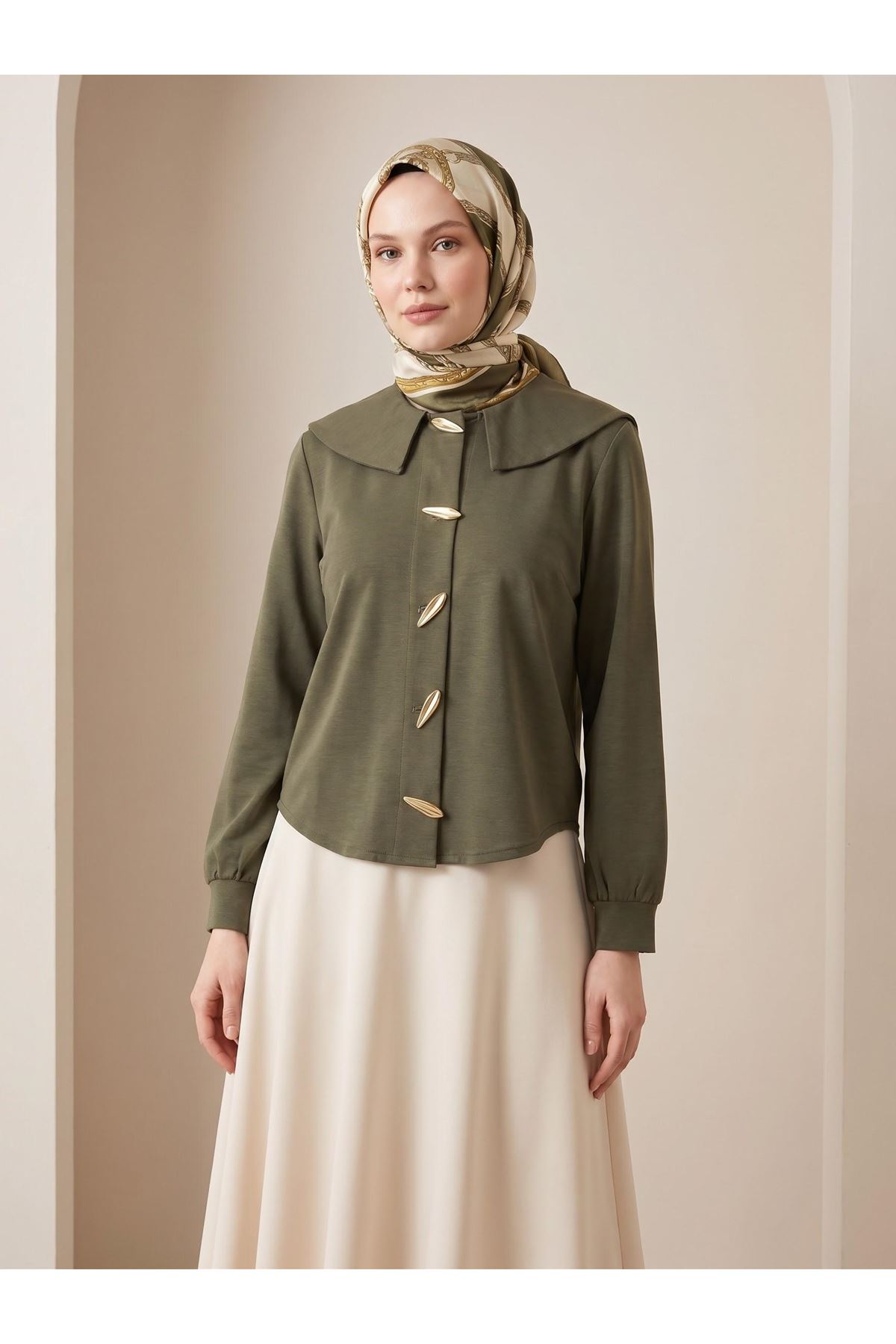 TUN06017-HKİ Şal Yaka Patlı Tunik-Haki