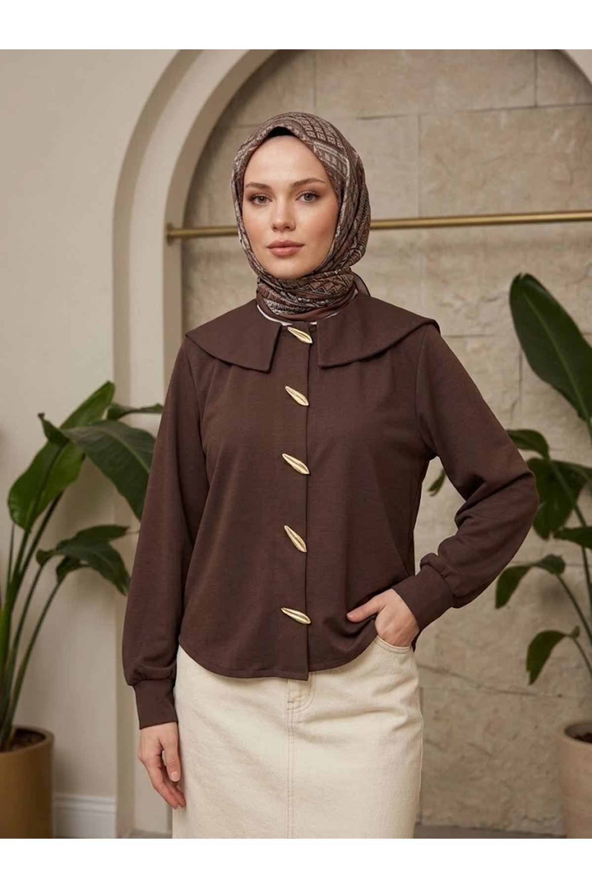 TUN06017-KHV Şal Yaka Patlı Tunik-Kahve