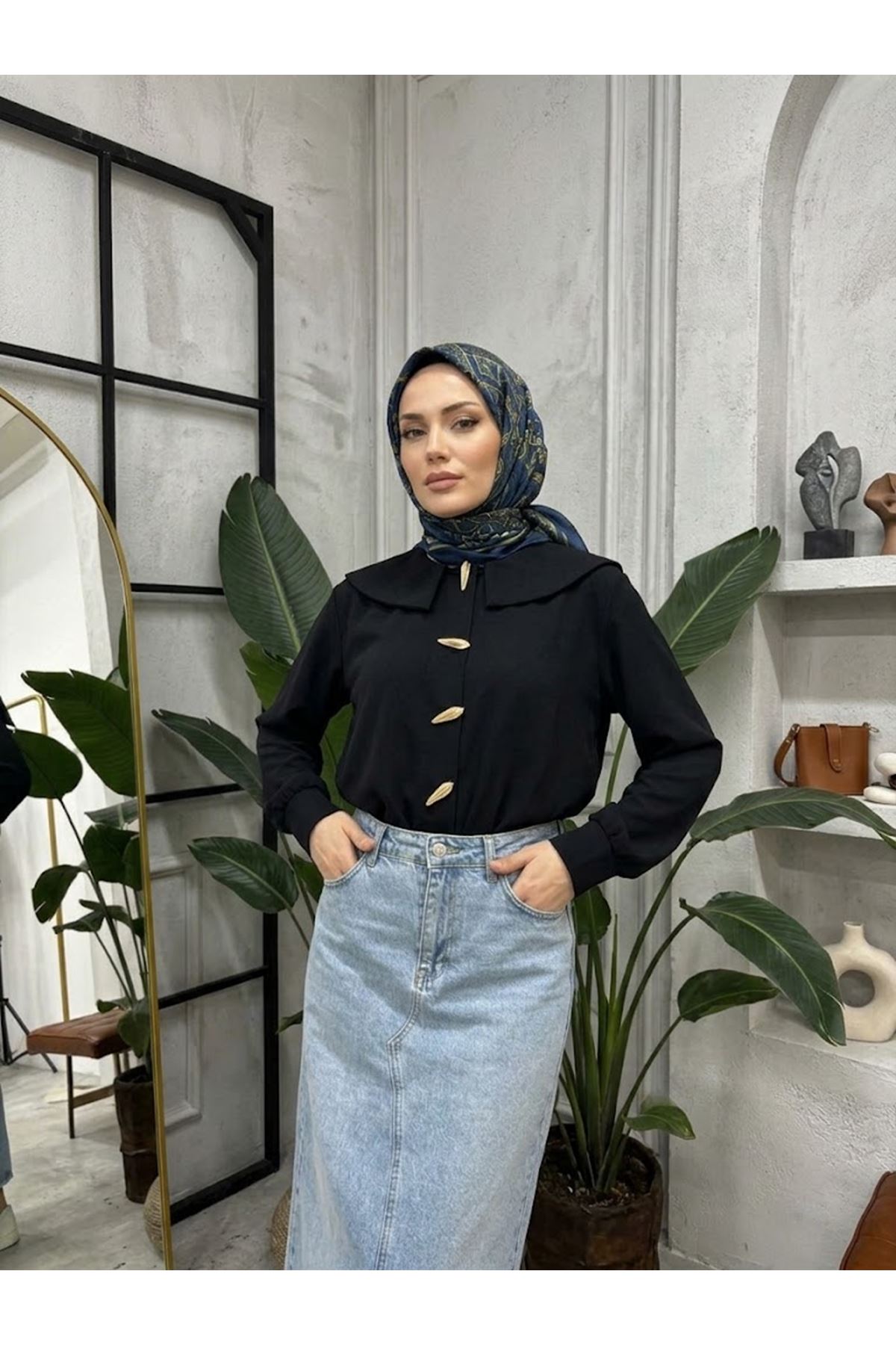 TUN06017-SYH Şal Yaka Patlı Tunik-Siyah
