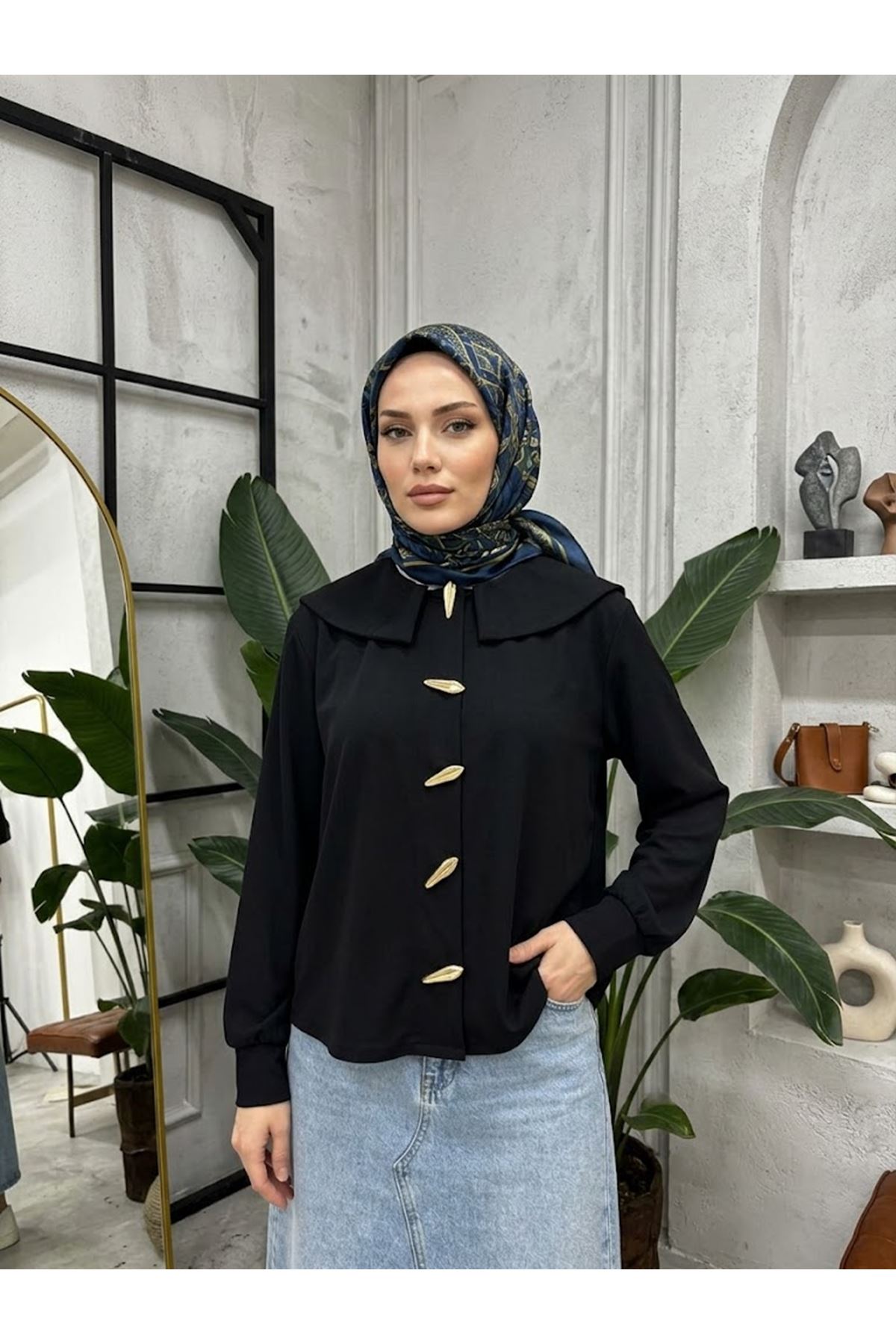 TUN06017-SYH Şal Yaka Patlı Tunik-Siyah