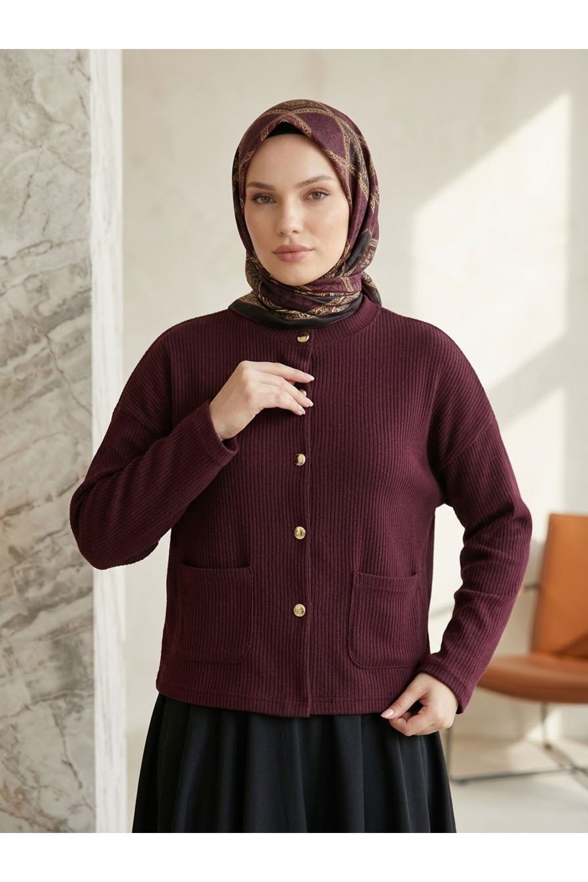 HIR02460-BRD Cep Detay Kısa Hırka-Bordo