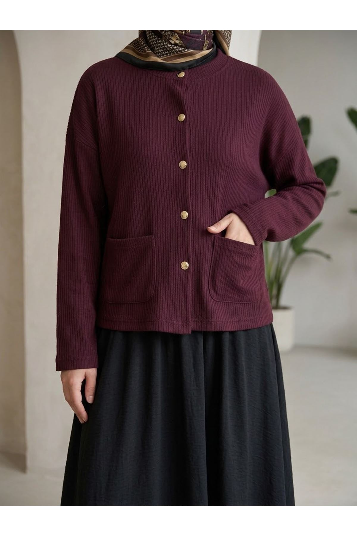 HIR02460-BRD Cep Detay Kısa Hırka-Bordo