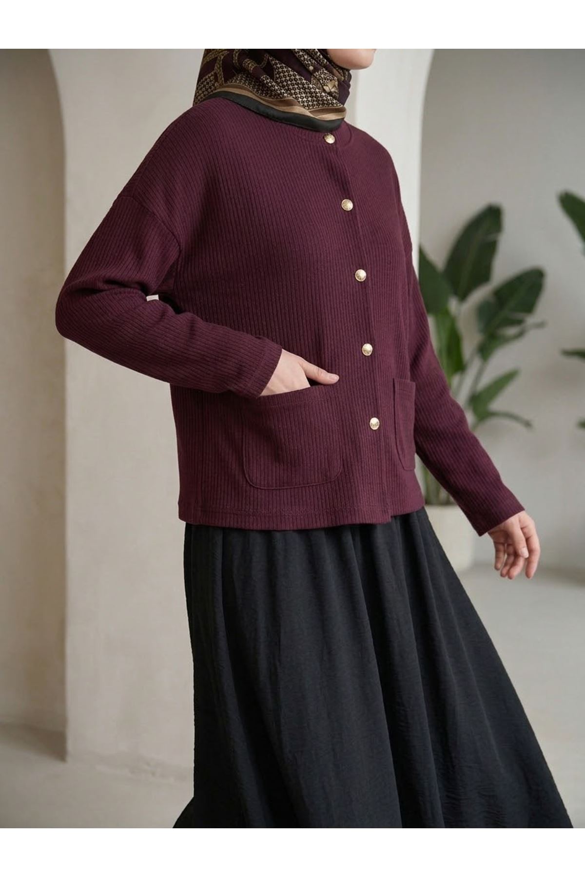 HIR02460-BRD Cep Detay Kısa Hırka-Bordo