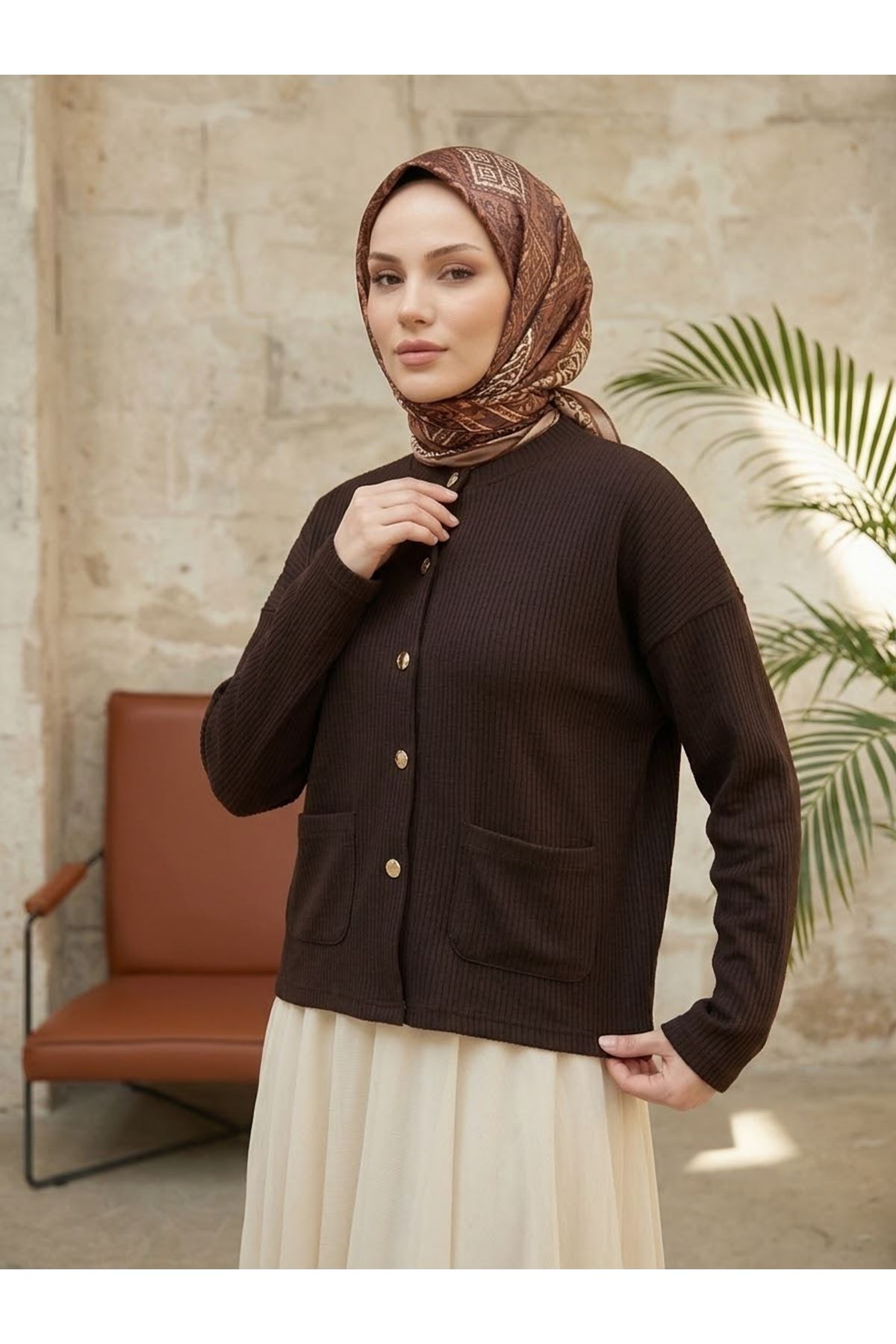 HIR02460-KHV Cep Detay Kısa Hırka-Kahve