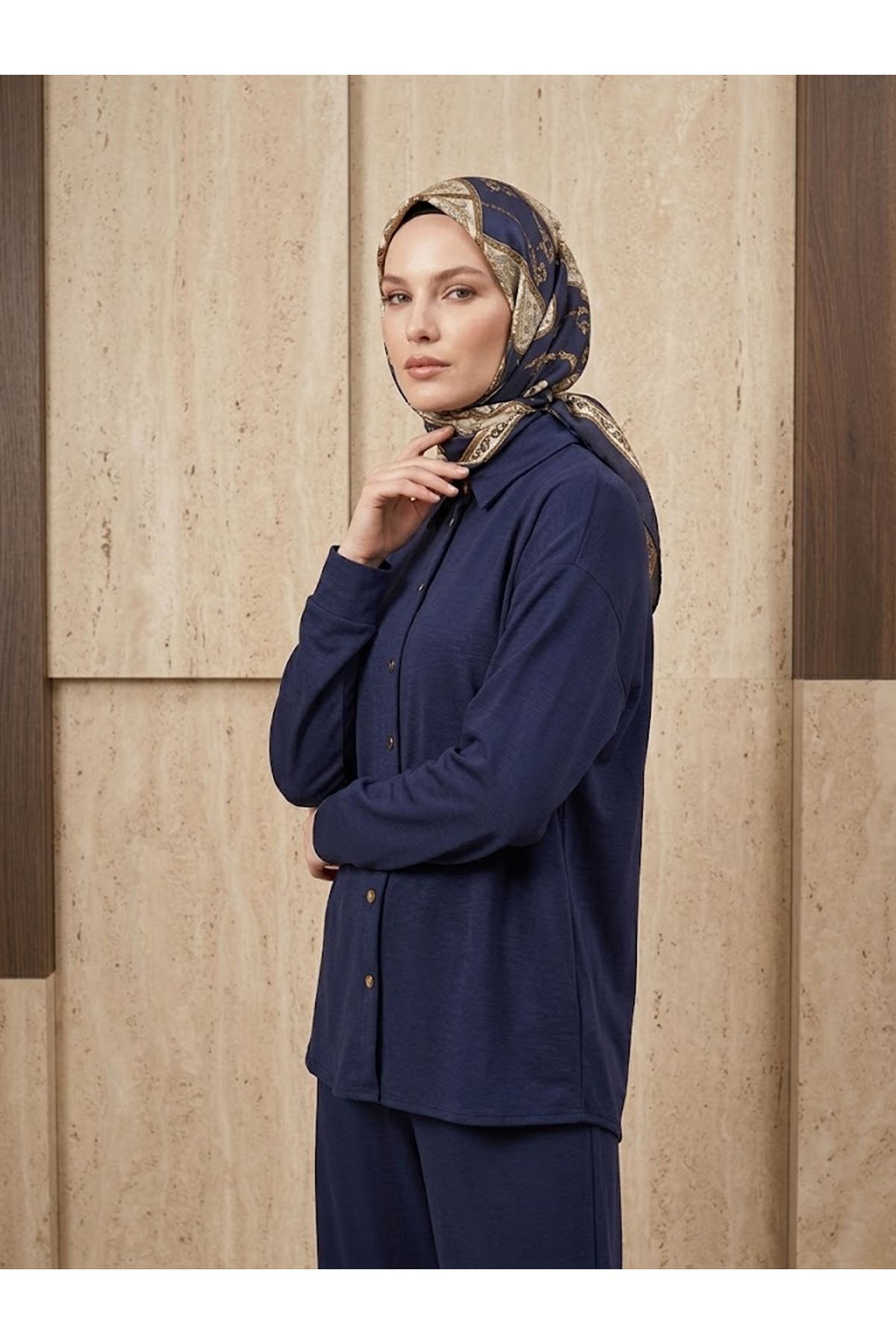 PİT00553-LCV Yakalı Patlı Pike Pantolonlu Takım-Lacivert