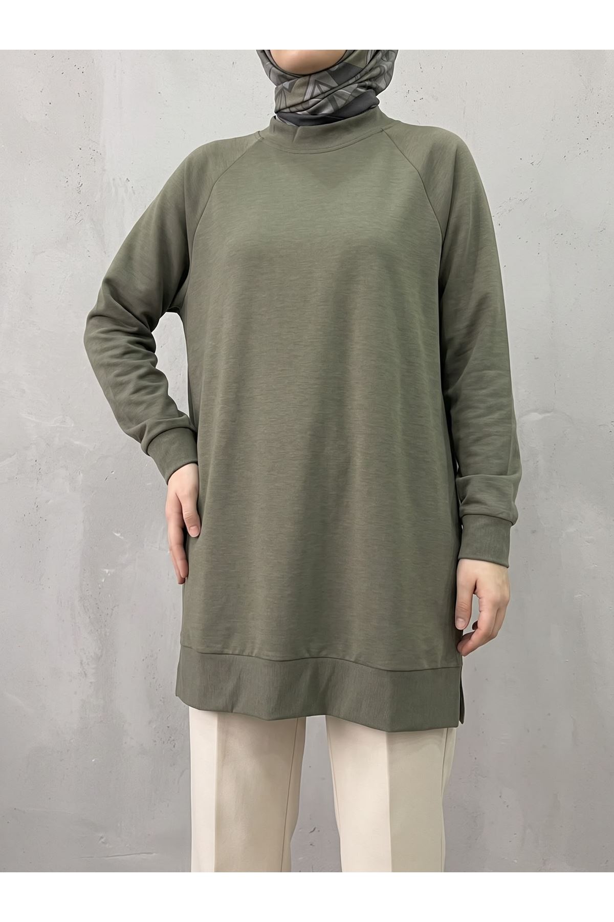 TUN06013-HKİ Reglan Kol Manşetli Pike Tunik-Haki